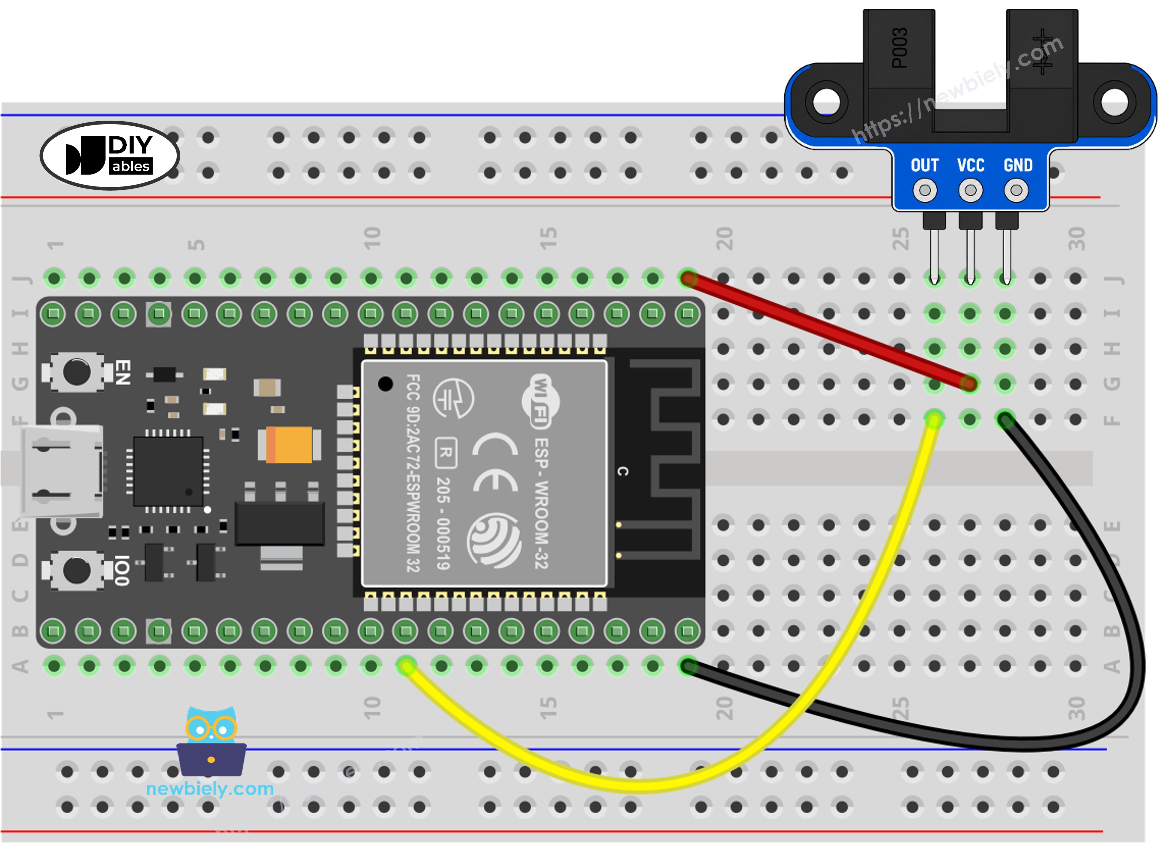 ESP32 aansluitschema met optische IR-sleufsensor