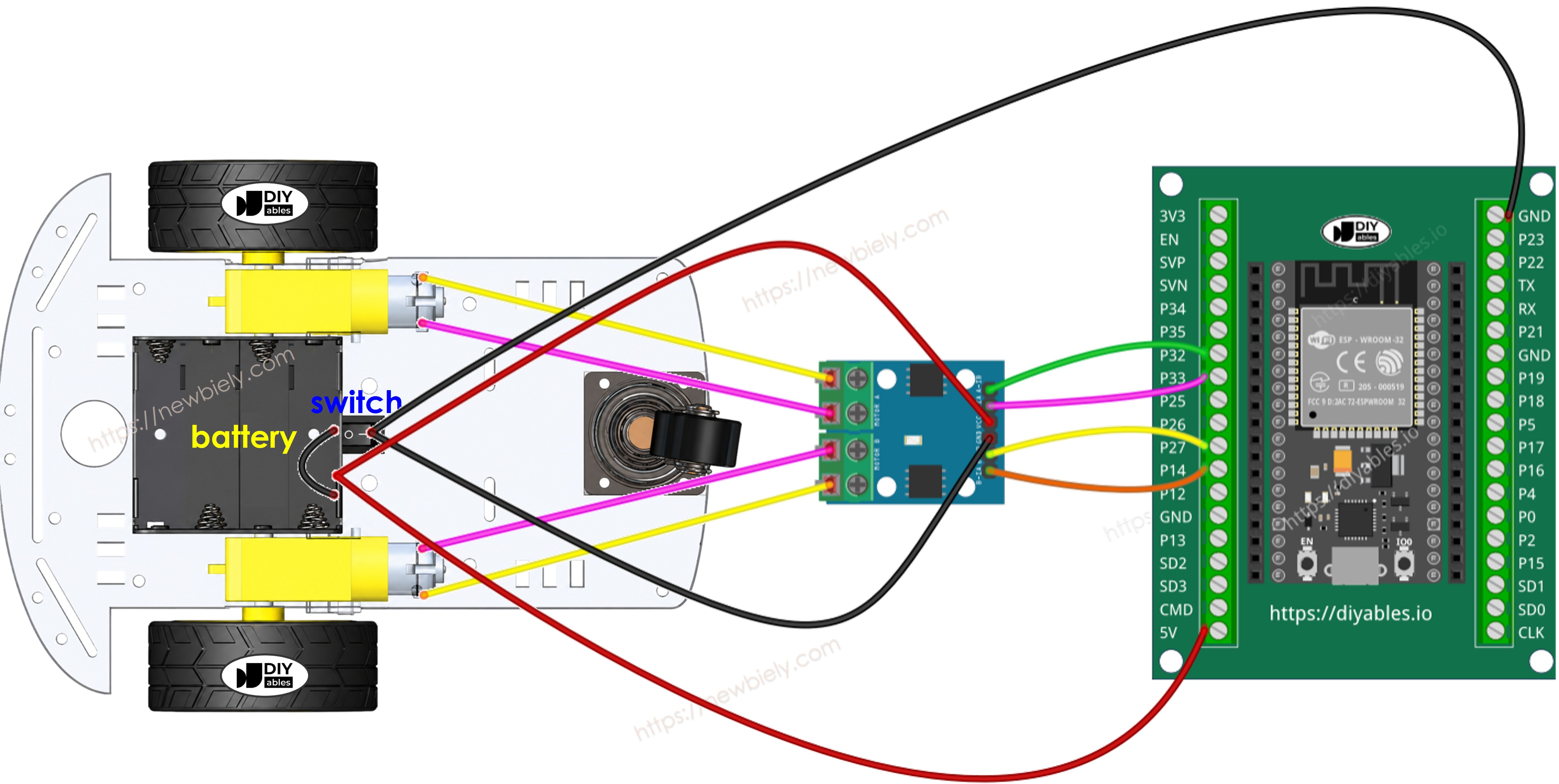 ESP32 2WD RC auto bedradingsschema met een schroefklemmenblok