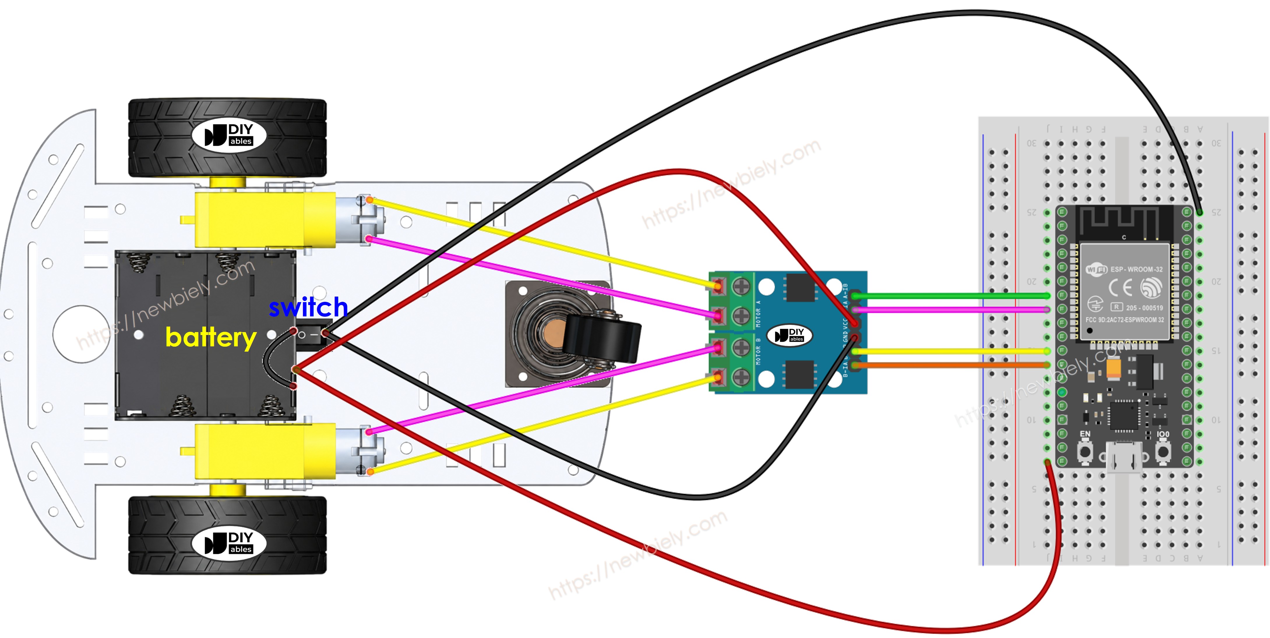 ESP32 2WD RC auto bedradingsschema op een breadboard