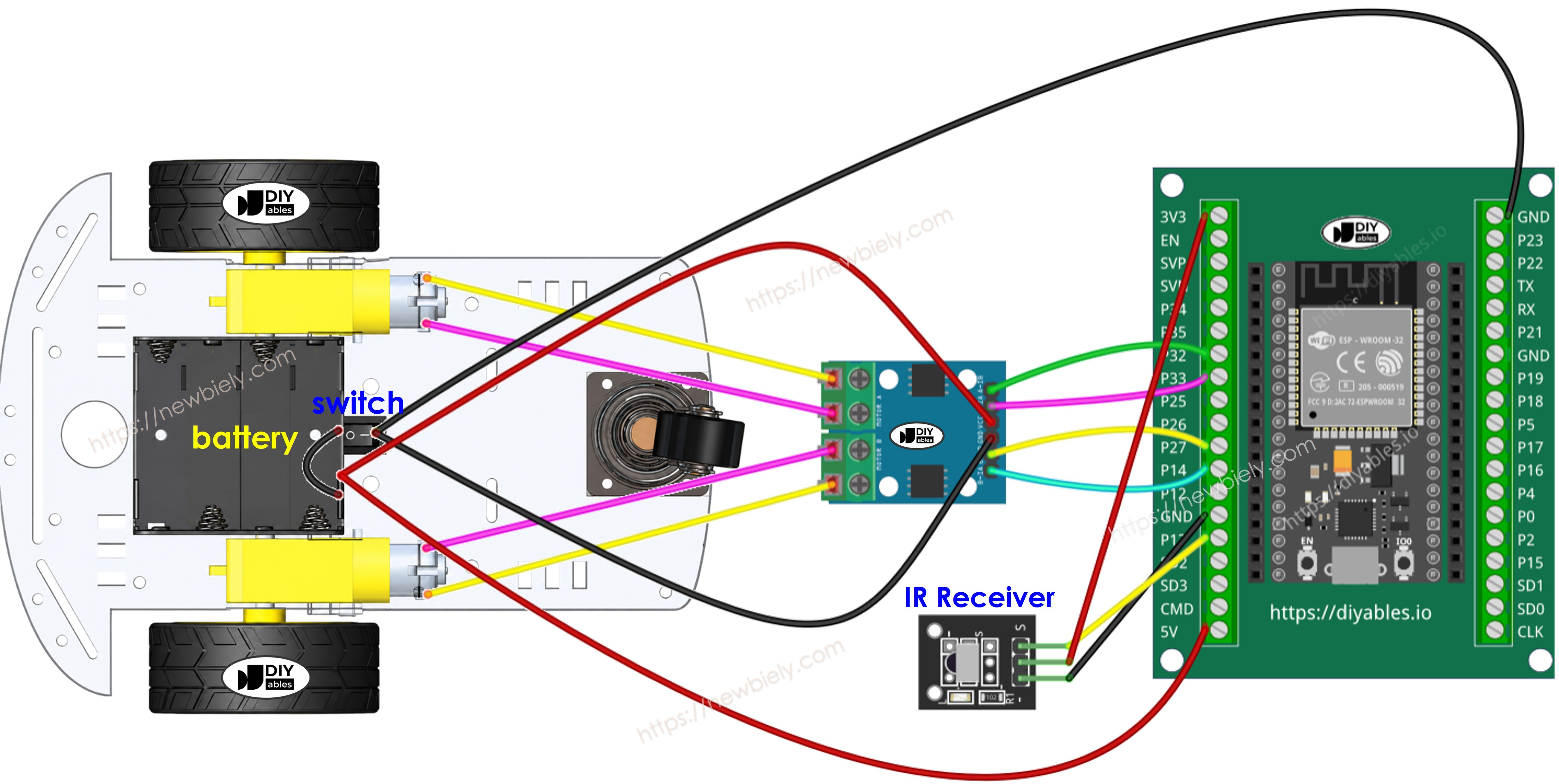 ESP32 2WD robotauto bedradingsschema met een schroefklemmenblok