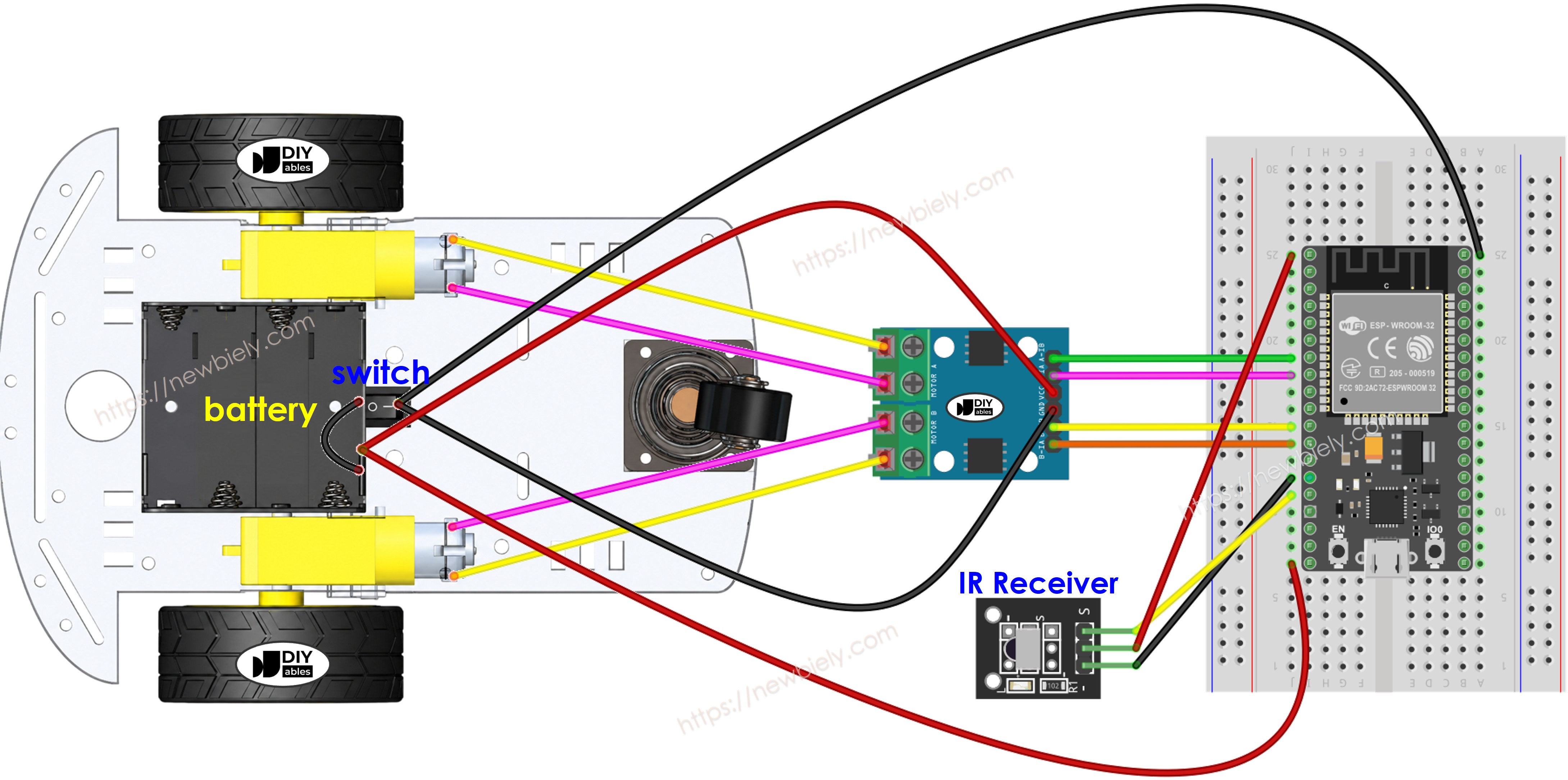 ESP32 2WD robotauto bedradingsschema op een breadboard