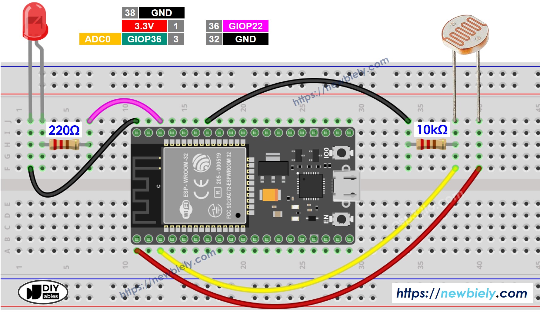 ESP32 Lichtsensor LED Bedradingsschema