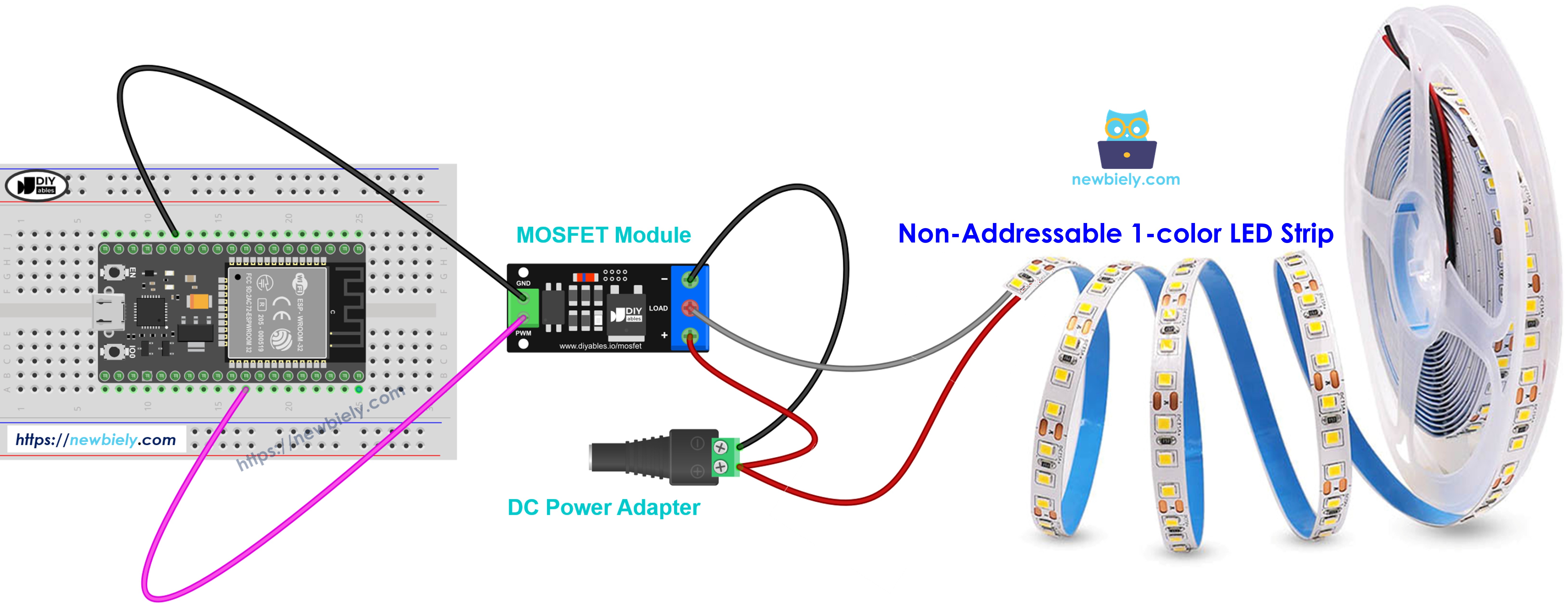 12V enkelkleurige ledstrip MOSFET-module bedrading