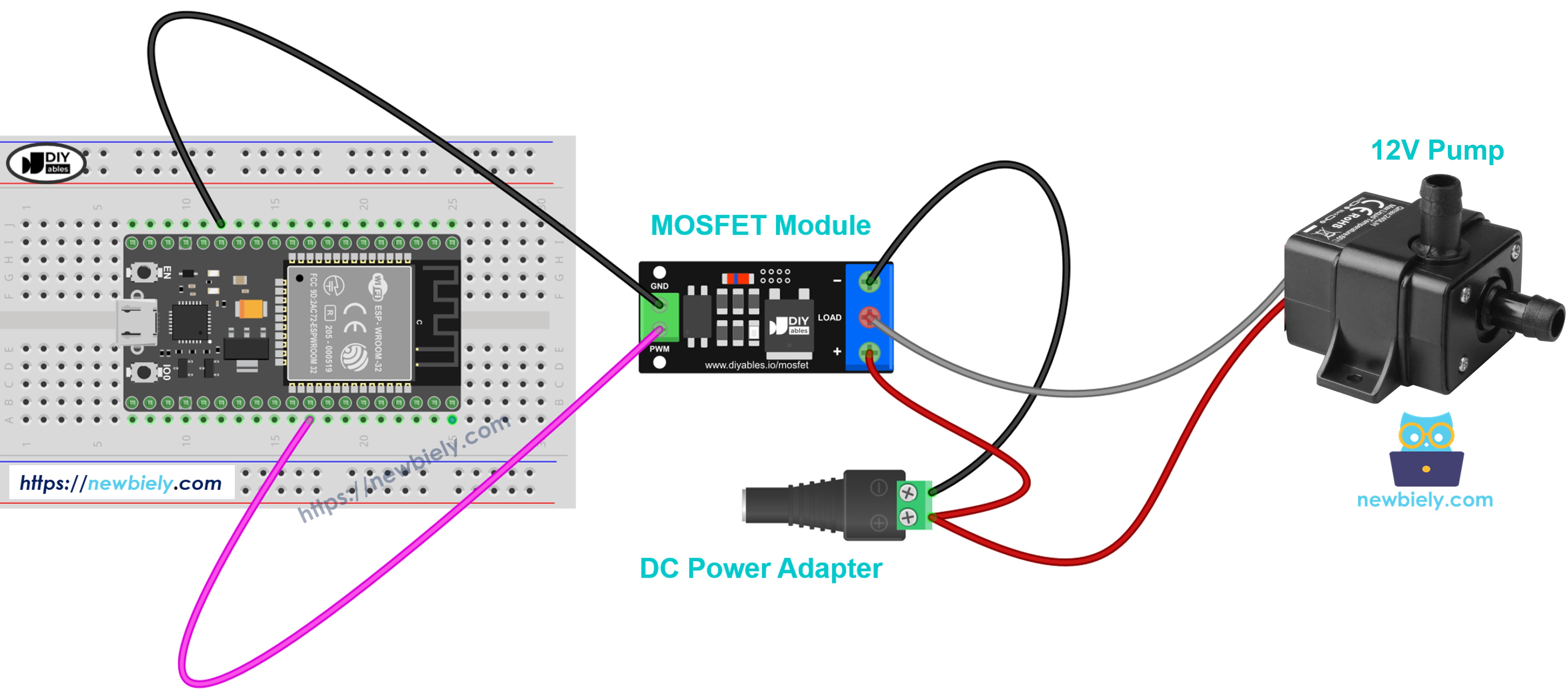 MOSFET-module aansluitschema voor een 12V pomp