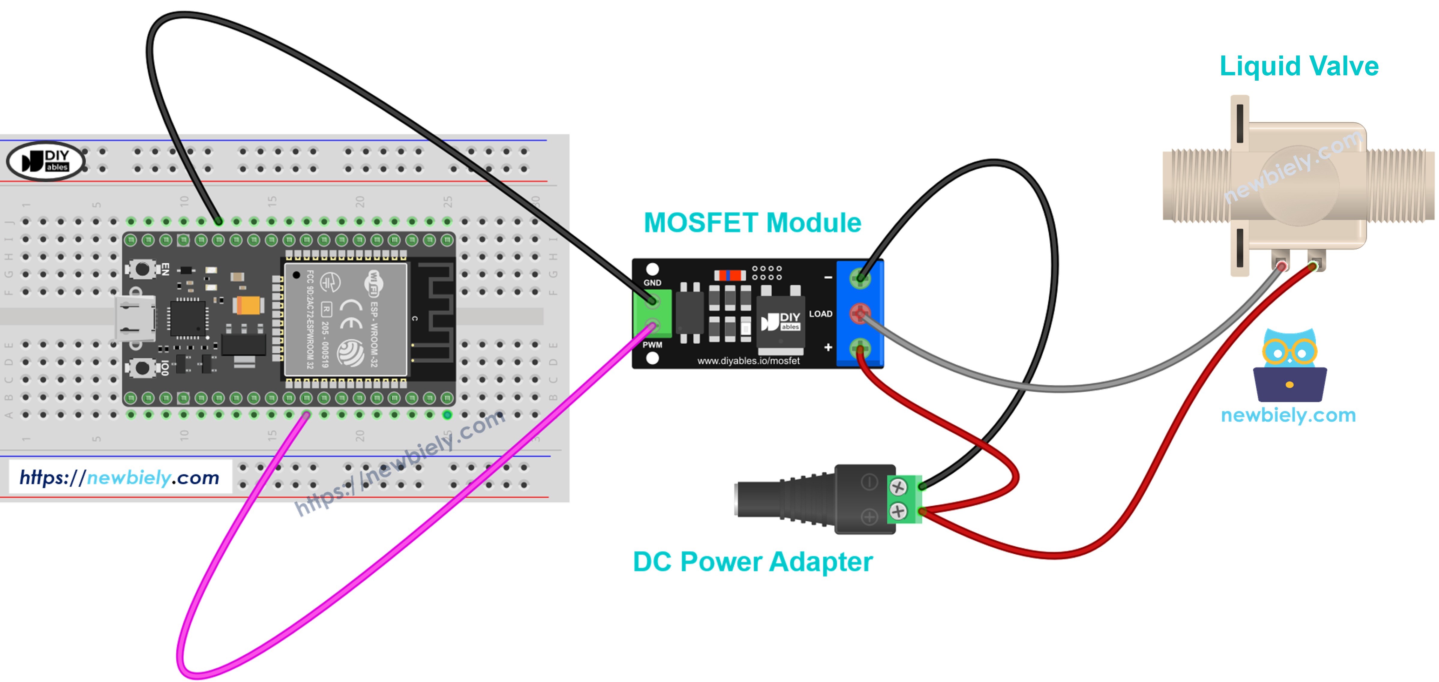 12V magneetklep met MOSFET-module aansluitschema