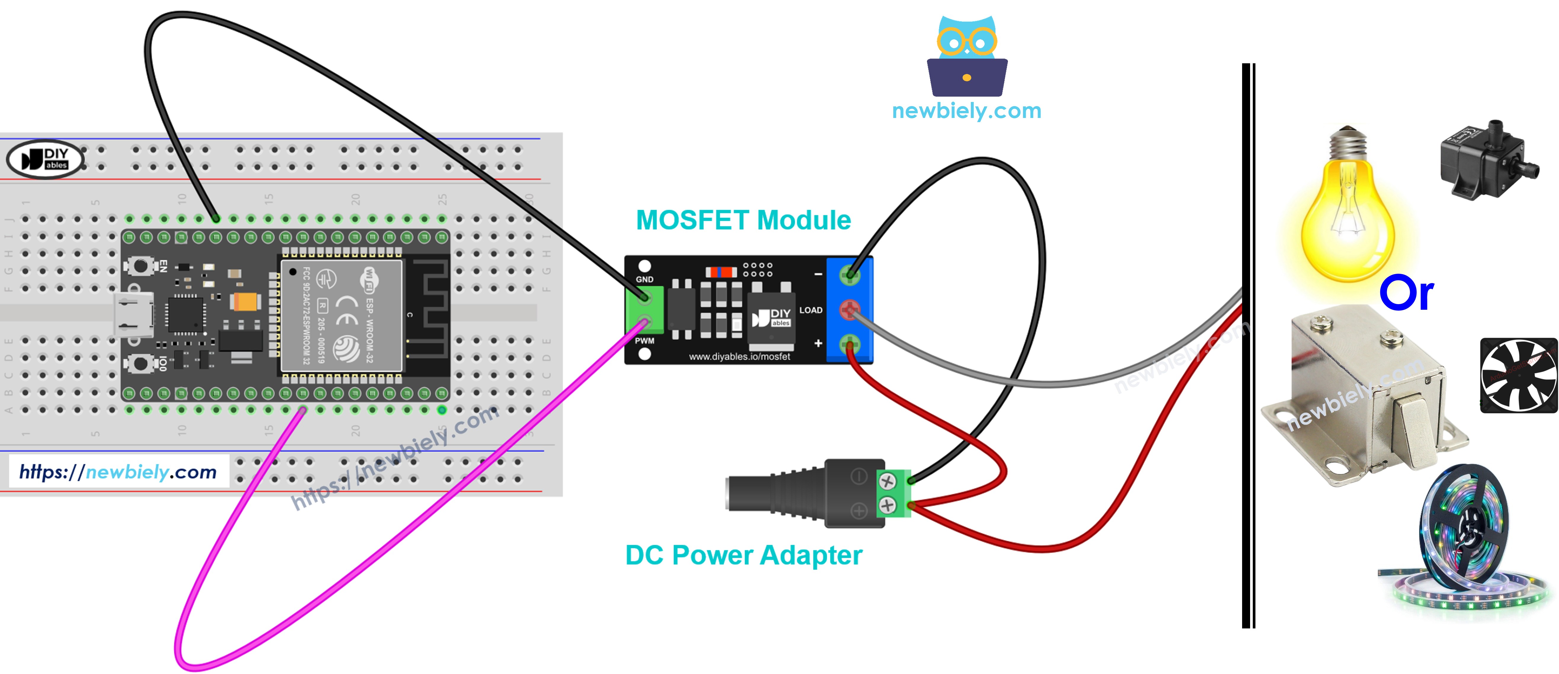 ESP32 aansluitschema met AOD4184-, LR7843- of FR120N-MOSFET-module