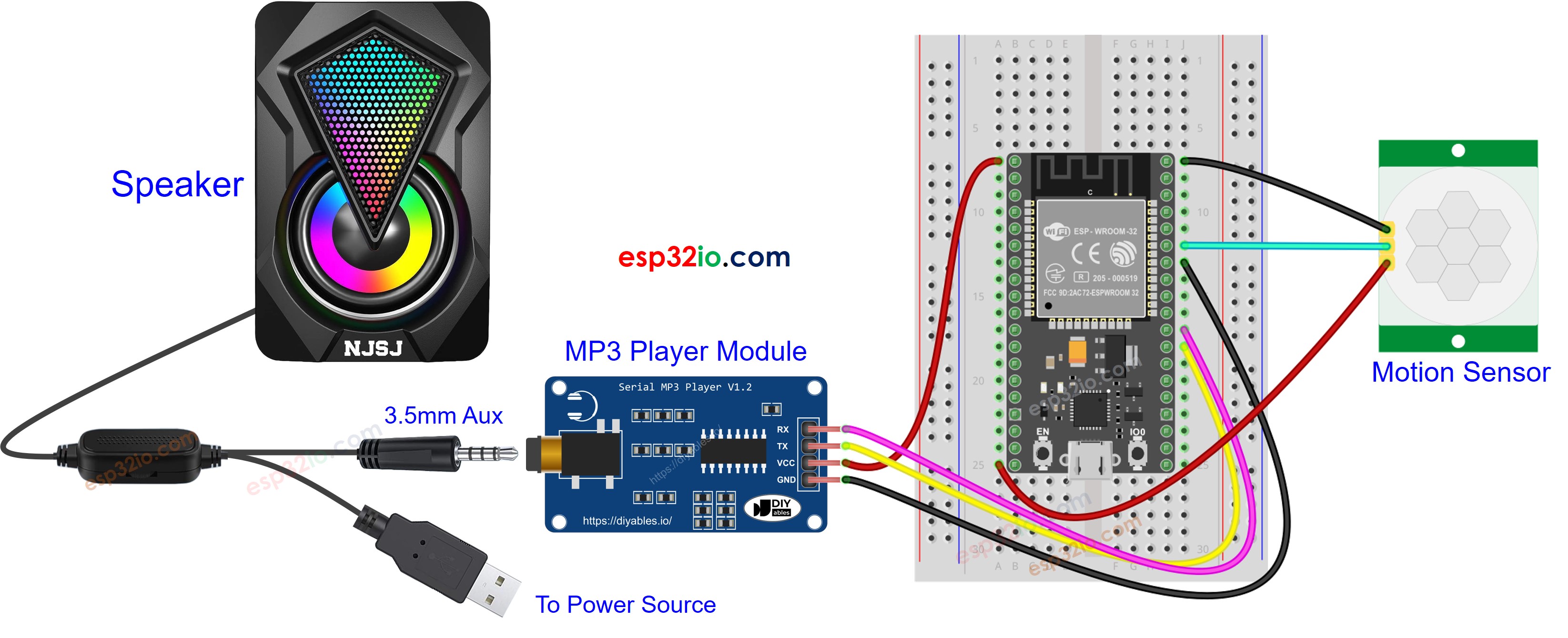 ESP32 Bewegingssensor MP3-speler Aansluitschema