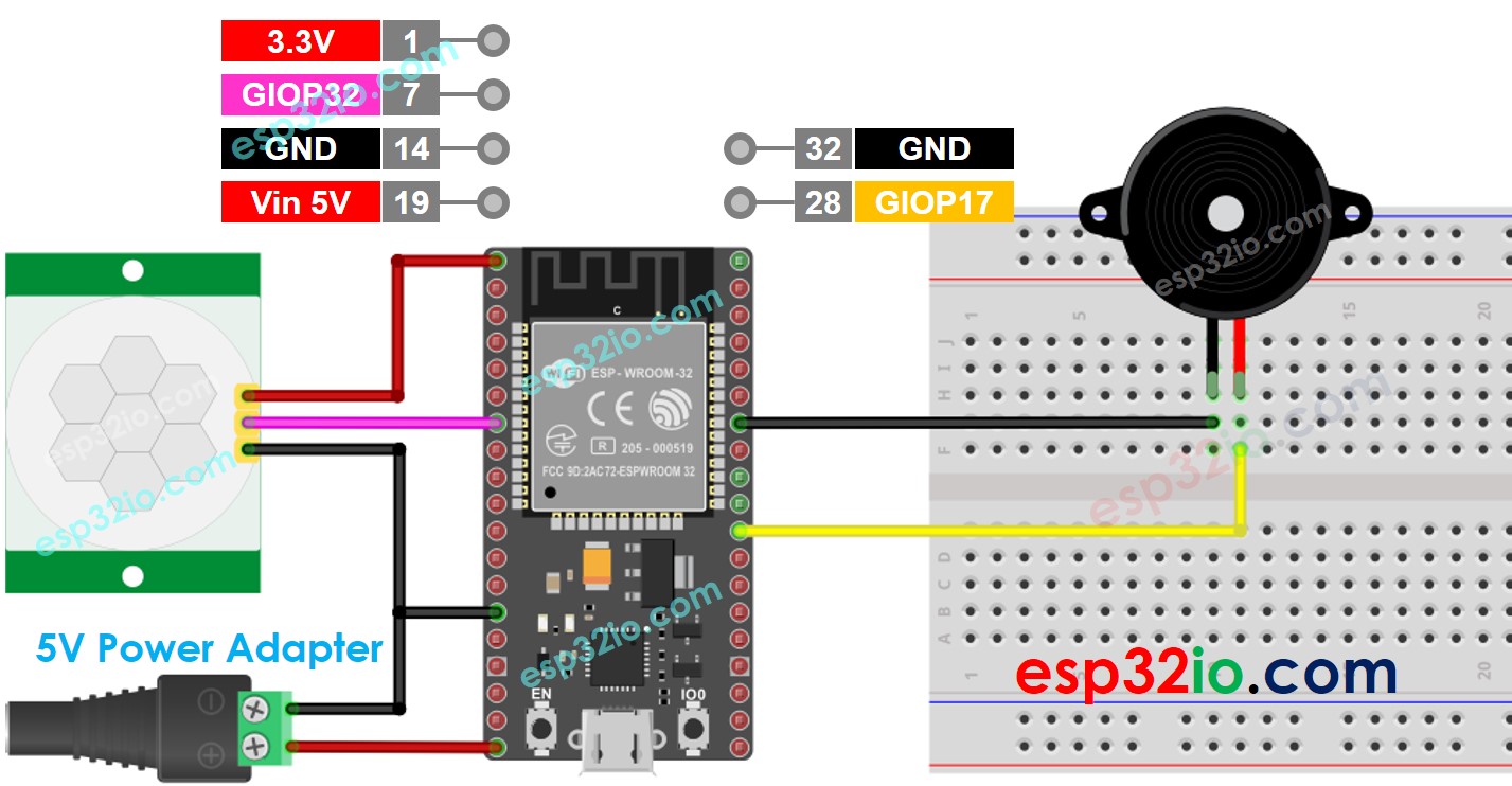 ESP32 Bewegingssensor Piezo Buzzer Bedradingsschema 5V voeding adapter