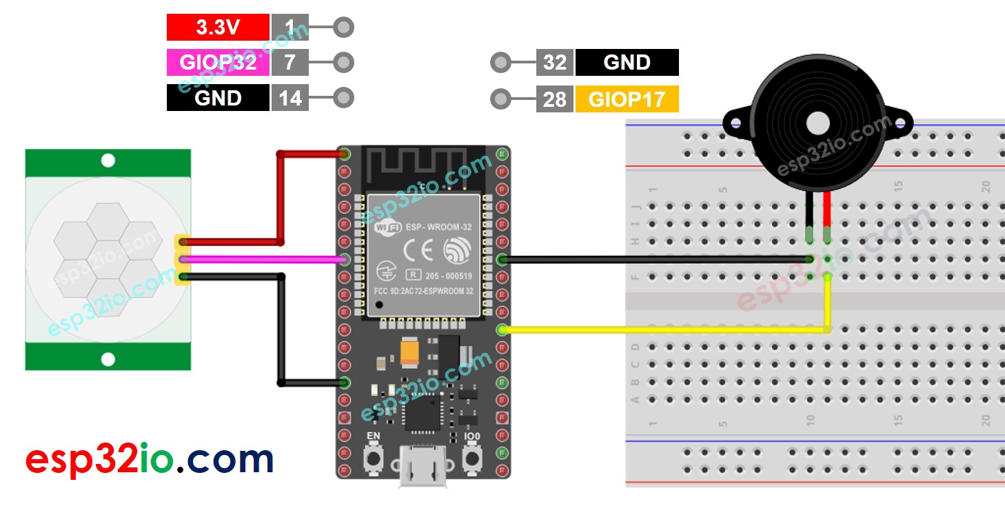 ESP32 Bewegingssensor Piezo Buzzer Bedradingsschema