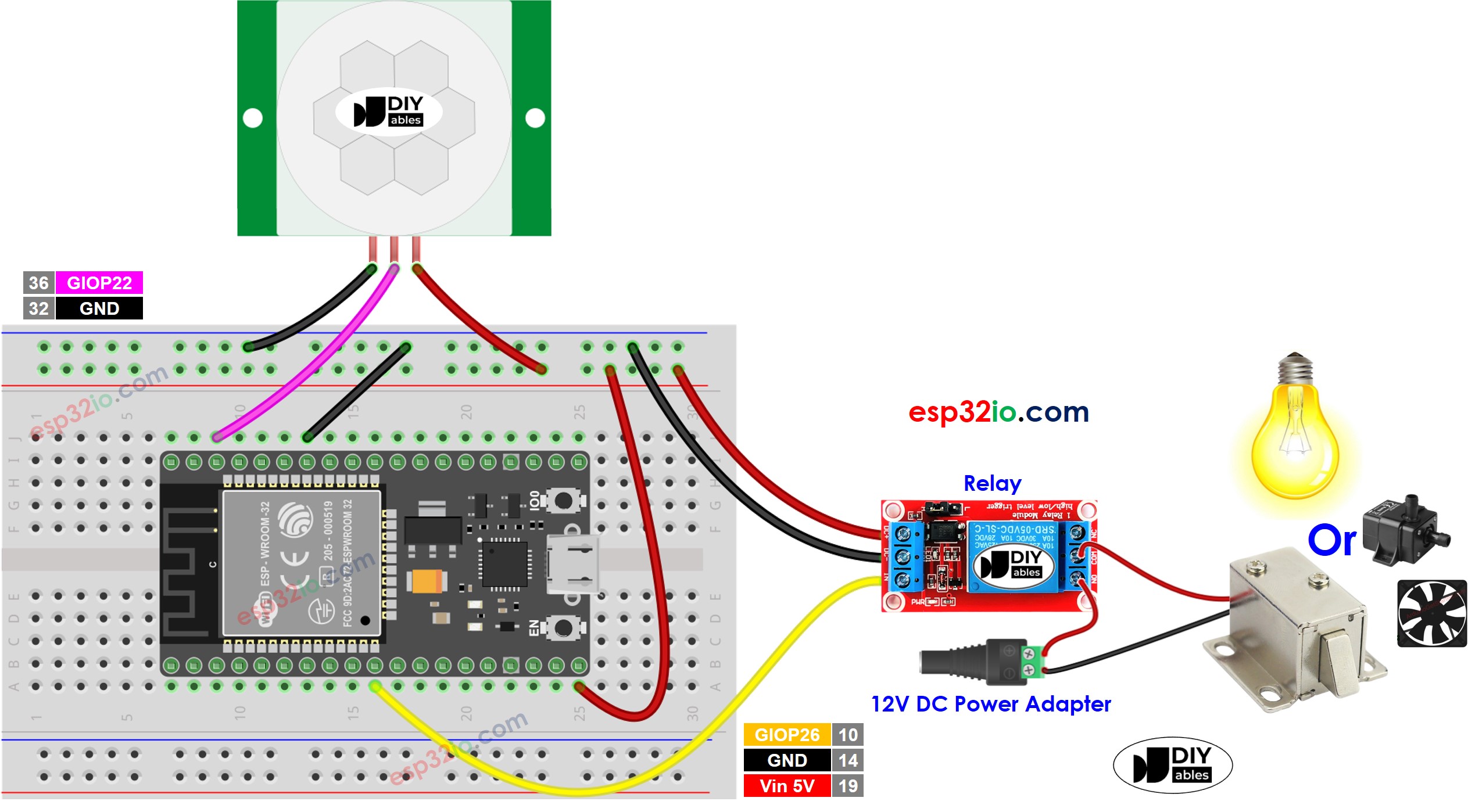 ESP32 Bewegingssensor Relay Bedradingsschema