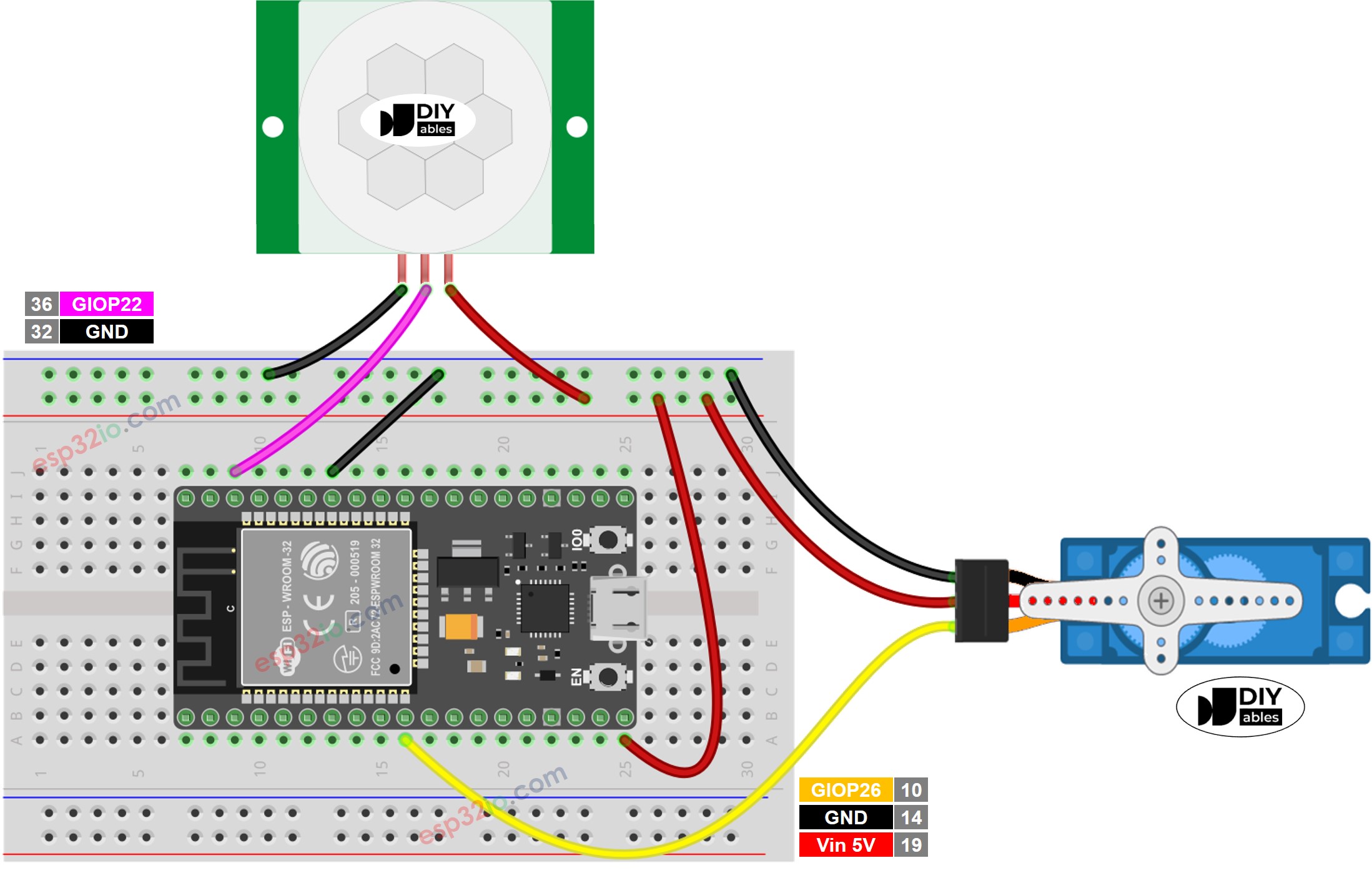 ESP32 Bewegingssensor Servo Motor Aansluitschema