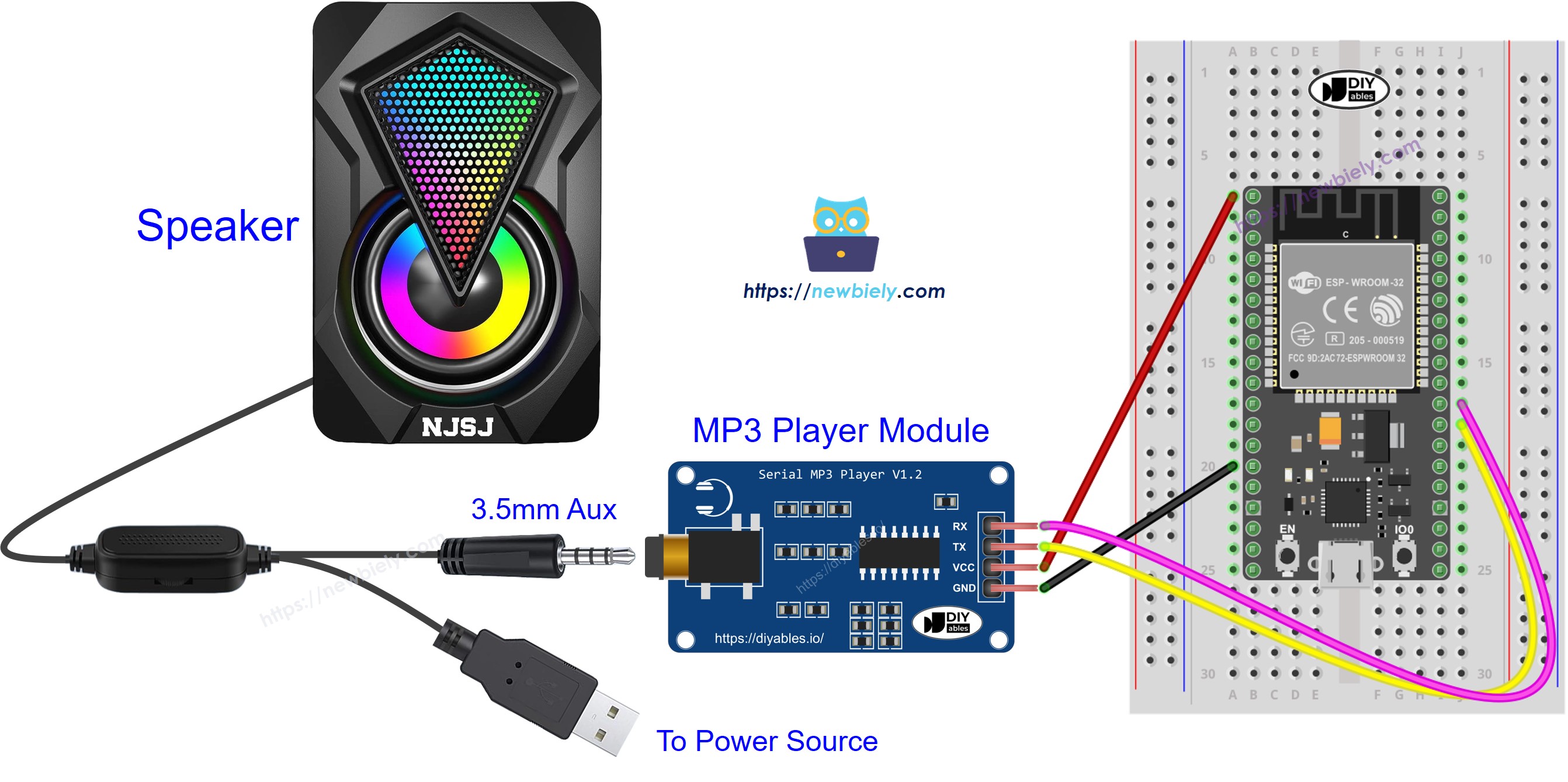 ESP32 MP3 player module Aansluitschema
