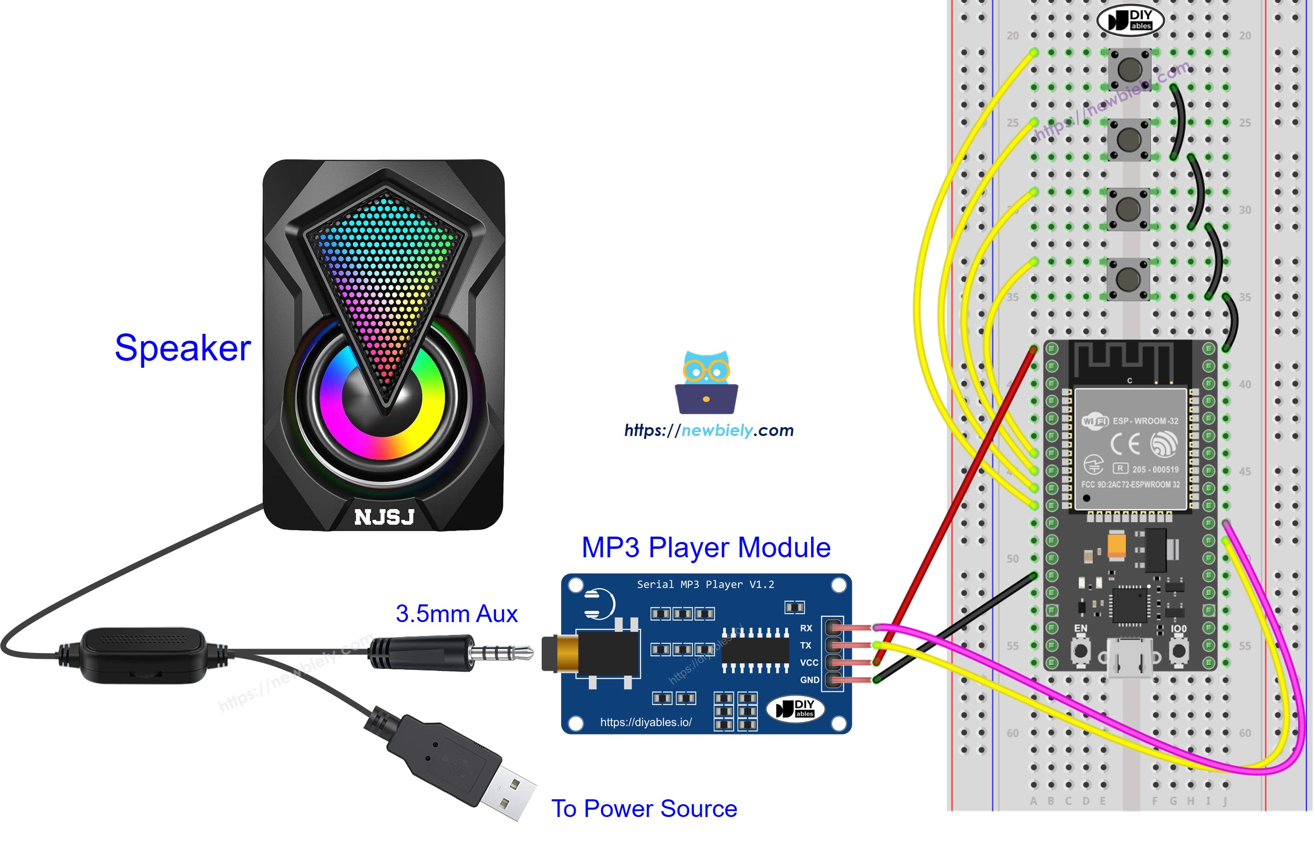 ESP32 MP3 player speaker Aansluitschema