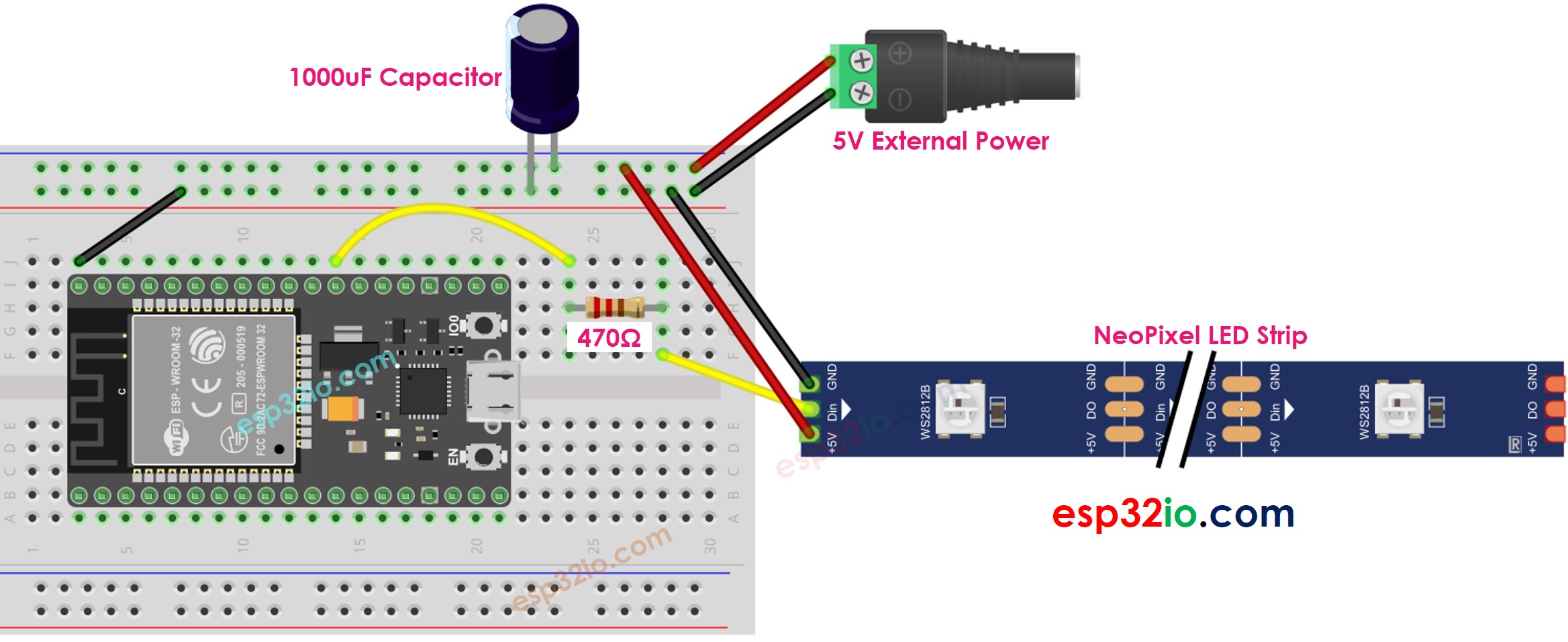 ESP32 NeoPixel RGB LED strip Bedradingsschema