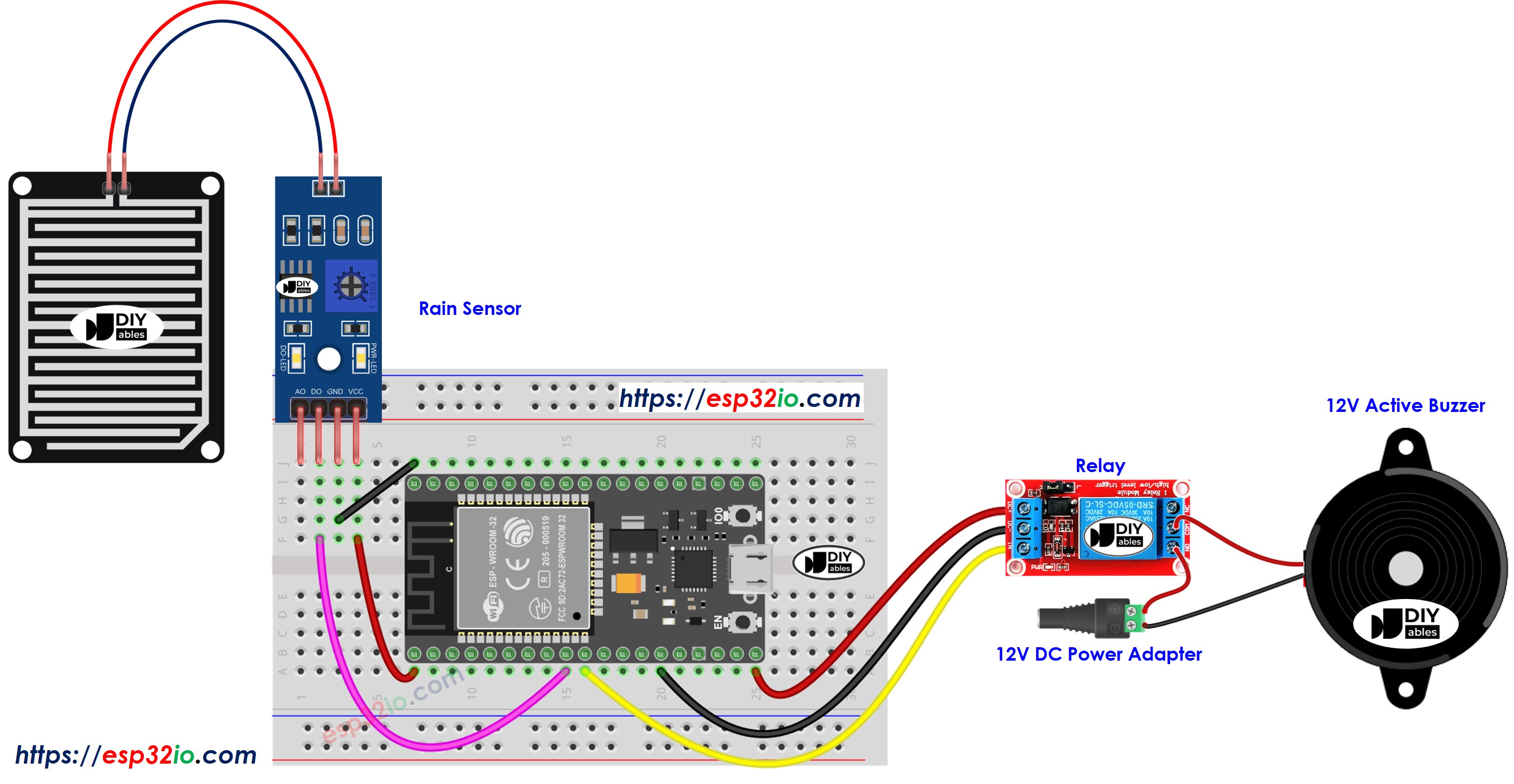 ESP32 Regensensor 12V Buzzer Bedradingsschema
