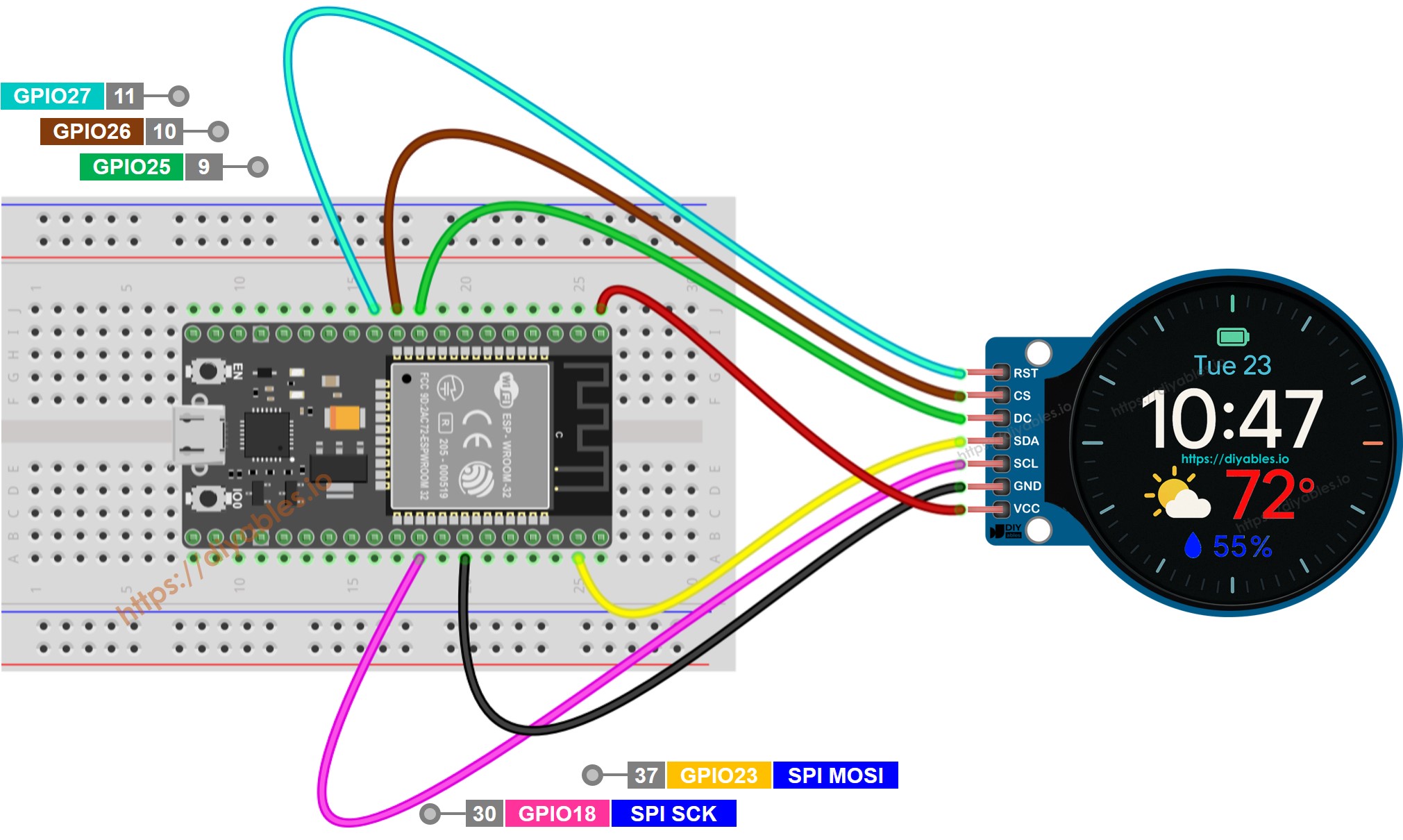 ESP32 1.28 Inch Round Circular TFT LCD Display Screen Wiring Diagram