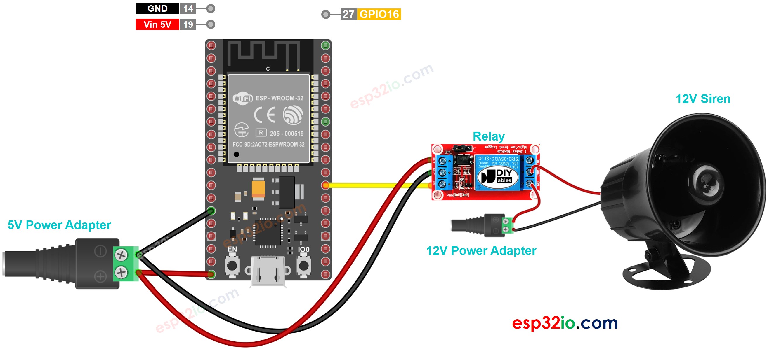 ESP32 12V sirene Bedradingsschema