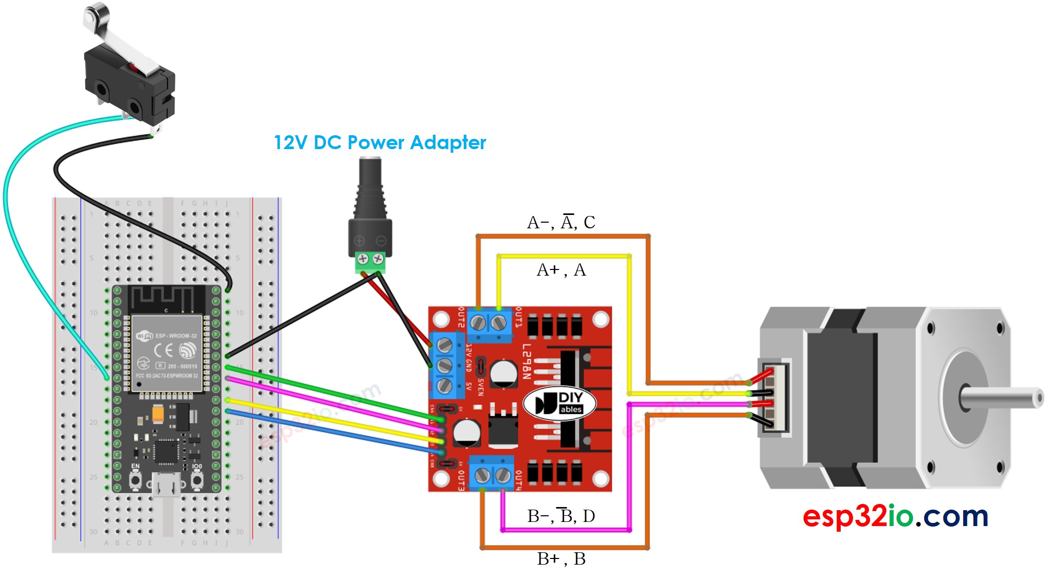 ESP32 stappenmotor en endschakelaar aansluitschema