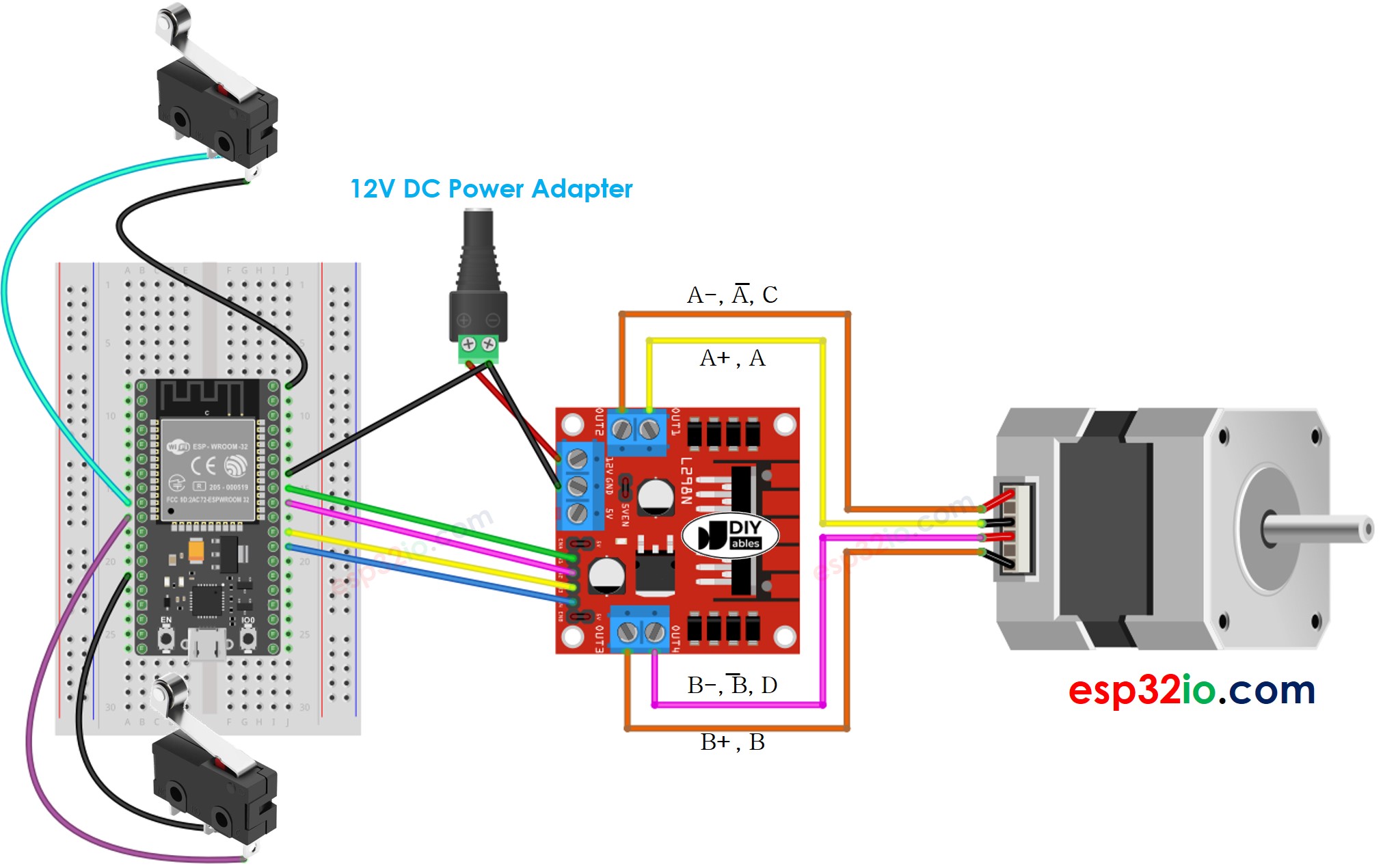 ESP32 stappenmotor en twee endschakelaars aansluitschema