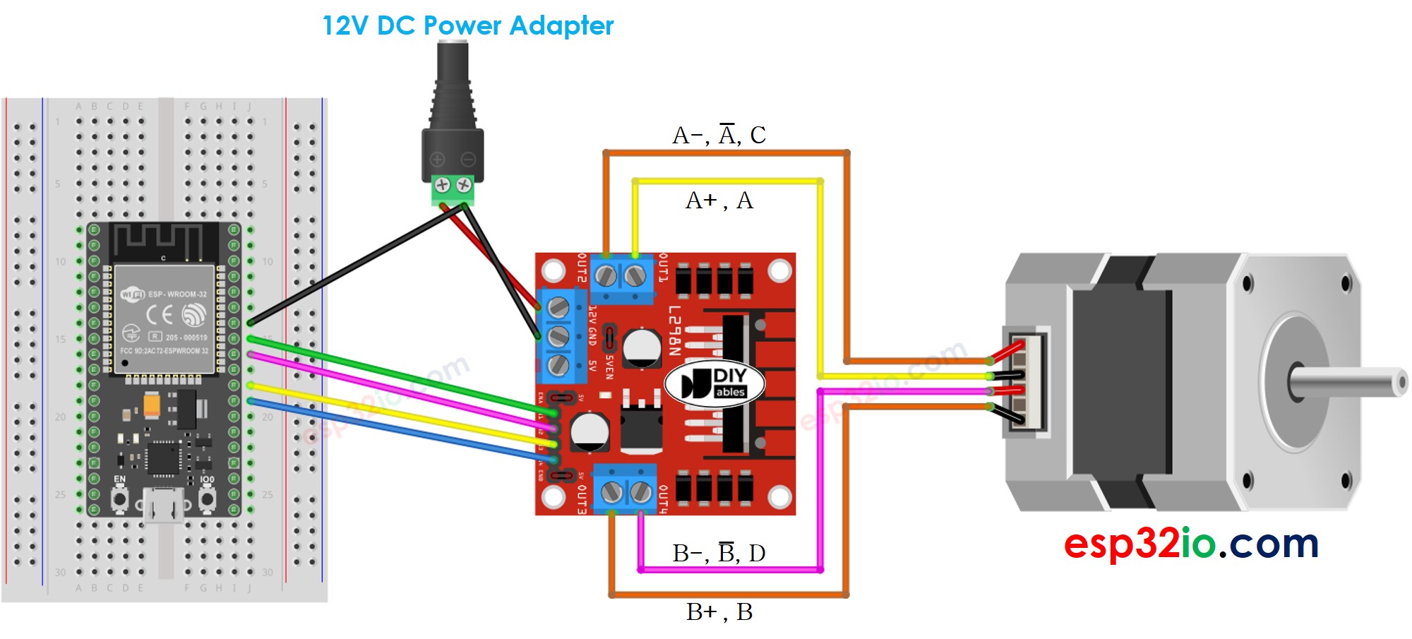 ESP32 Stappenmotor L298N Driver Bedradingsschema