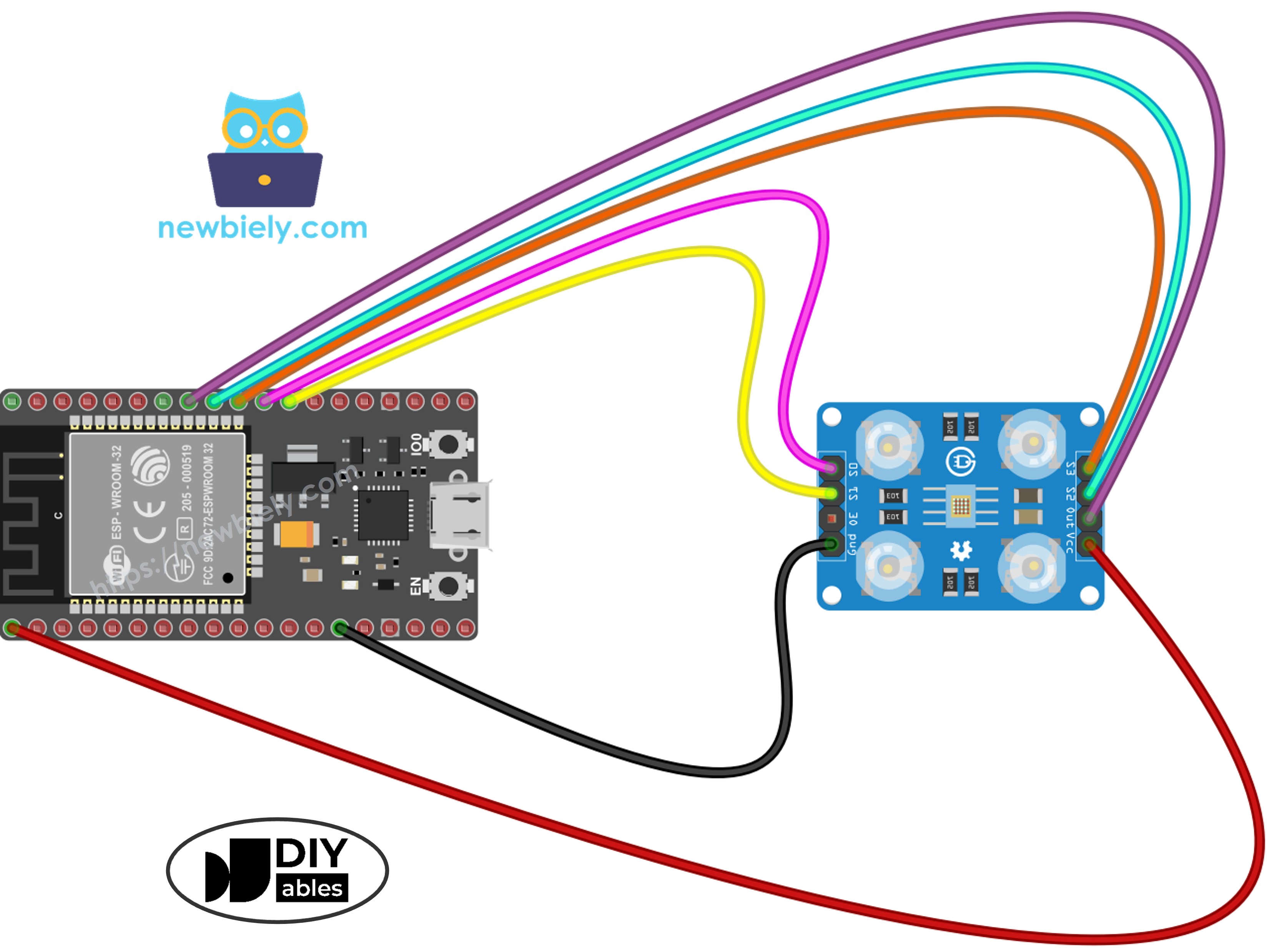ESP32 en TCS3200 kleursensor aansluitdiagram