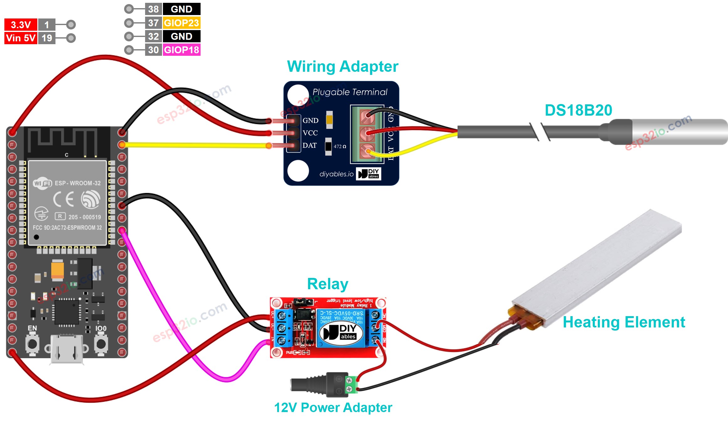 ESP32 temperatuursensor regelt verwarmingssysteem bedrading schema