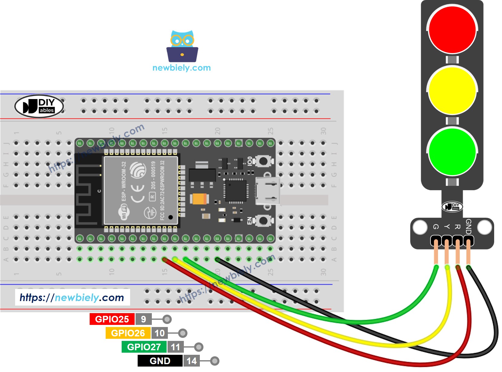 ESP32 verkeerslicht Aansluitschema