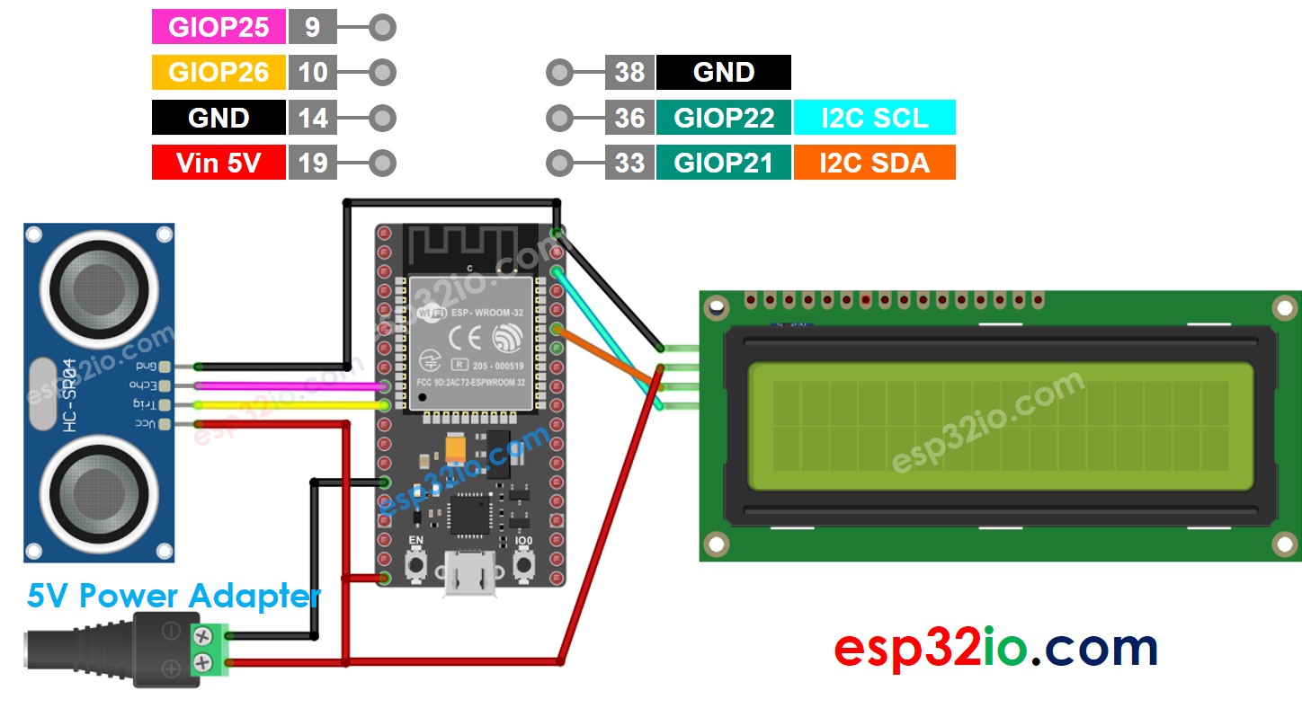 ESP32 Ultrasone LCD Bedrading Schema