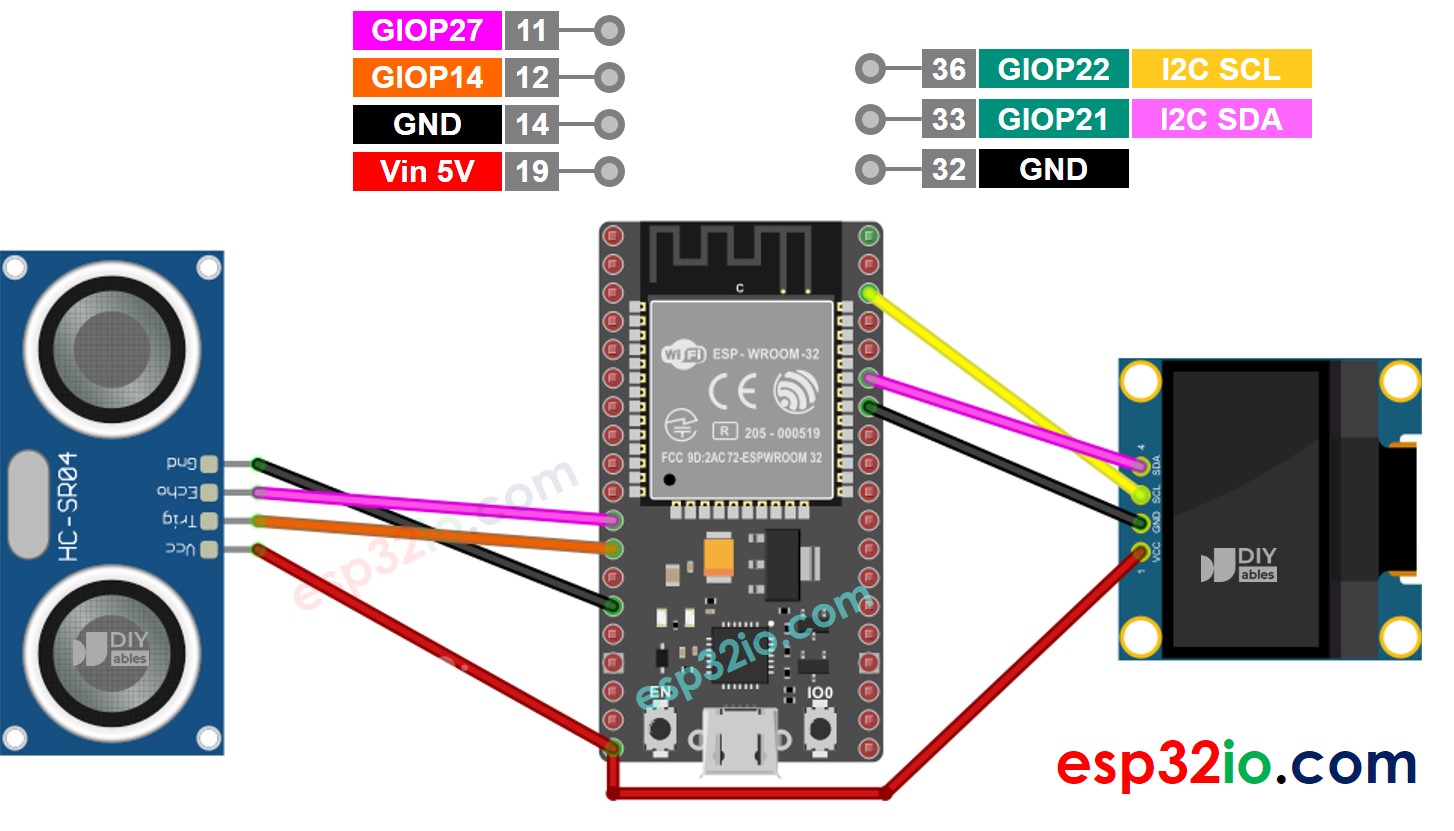 ESP32 Ultrasone sensor OLED aansluitschema