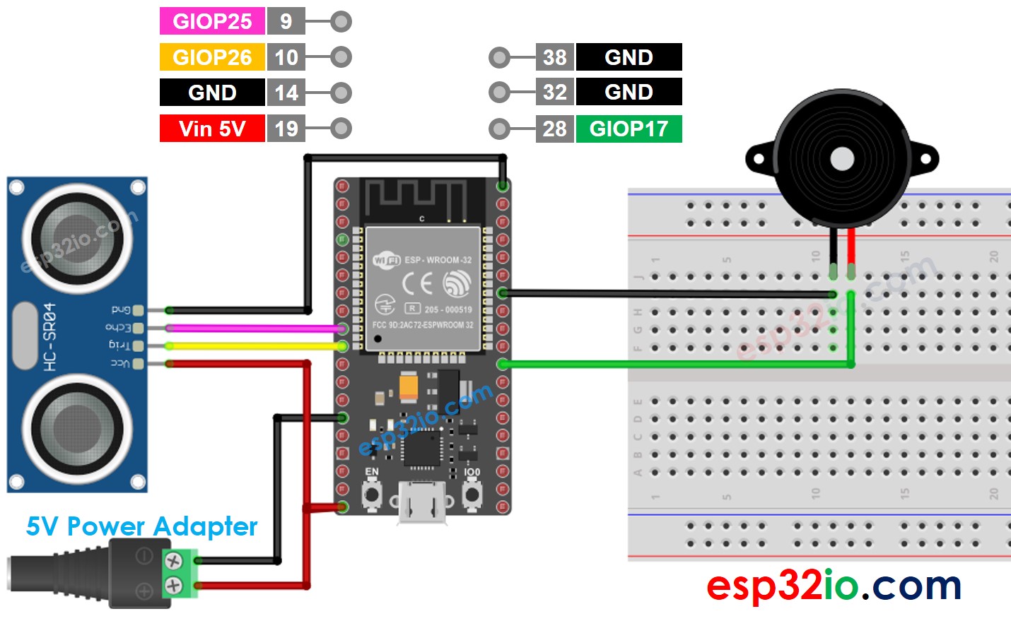 ESP32 Ultrasone Sensor Piezo Buzzer Bedradingsdiagram 5V voeding adapter