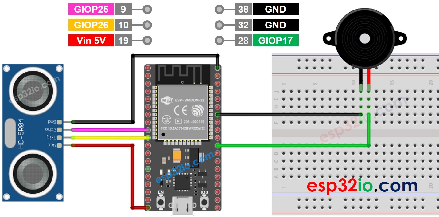 ESP32 Ultrasone Sensor Piezo Buzzer Bedradingsdiagram