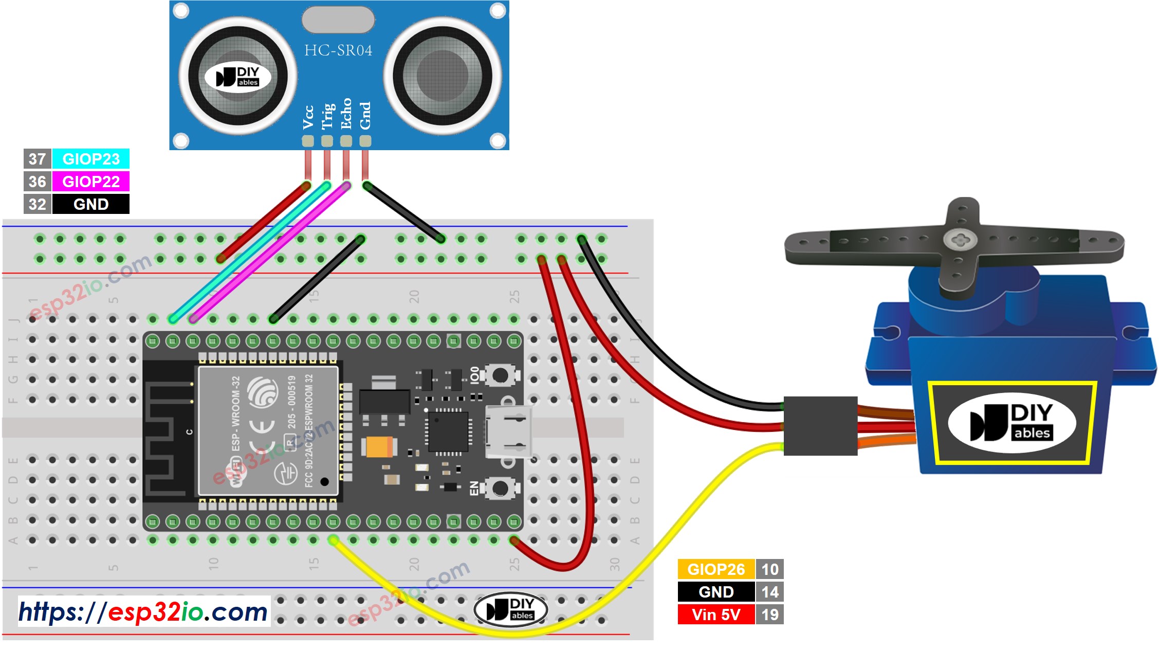 ESP32 Ultrasone Sensor Servo Motor Bedradingsschema