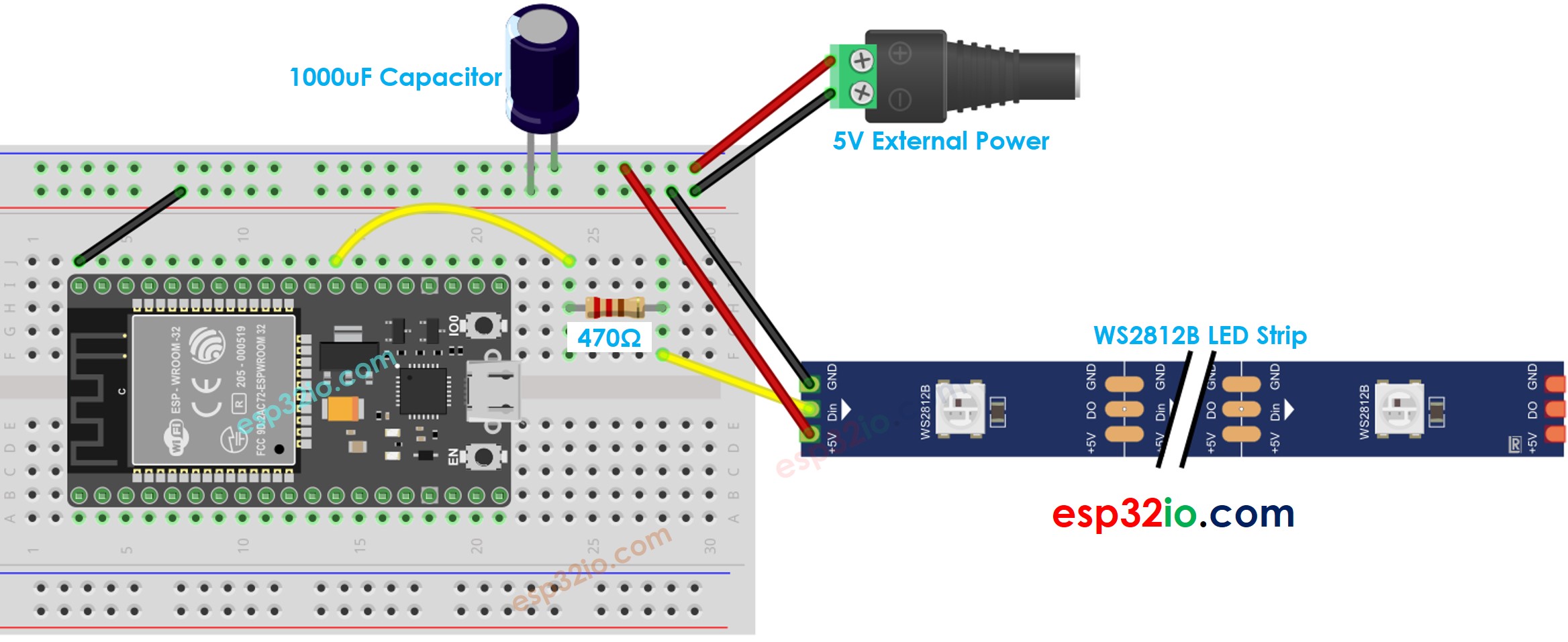 ESP32 WS2812B RGB LED strip bekabelingsschema