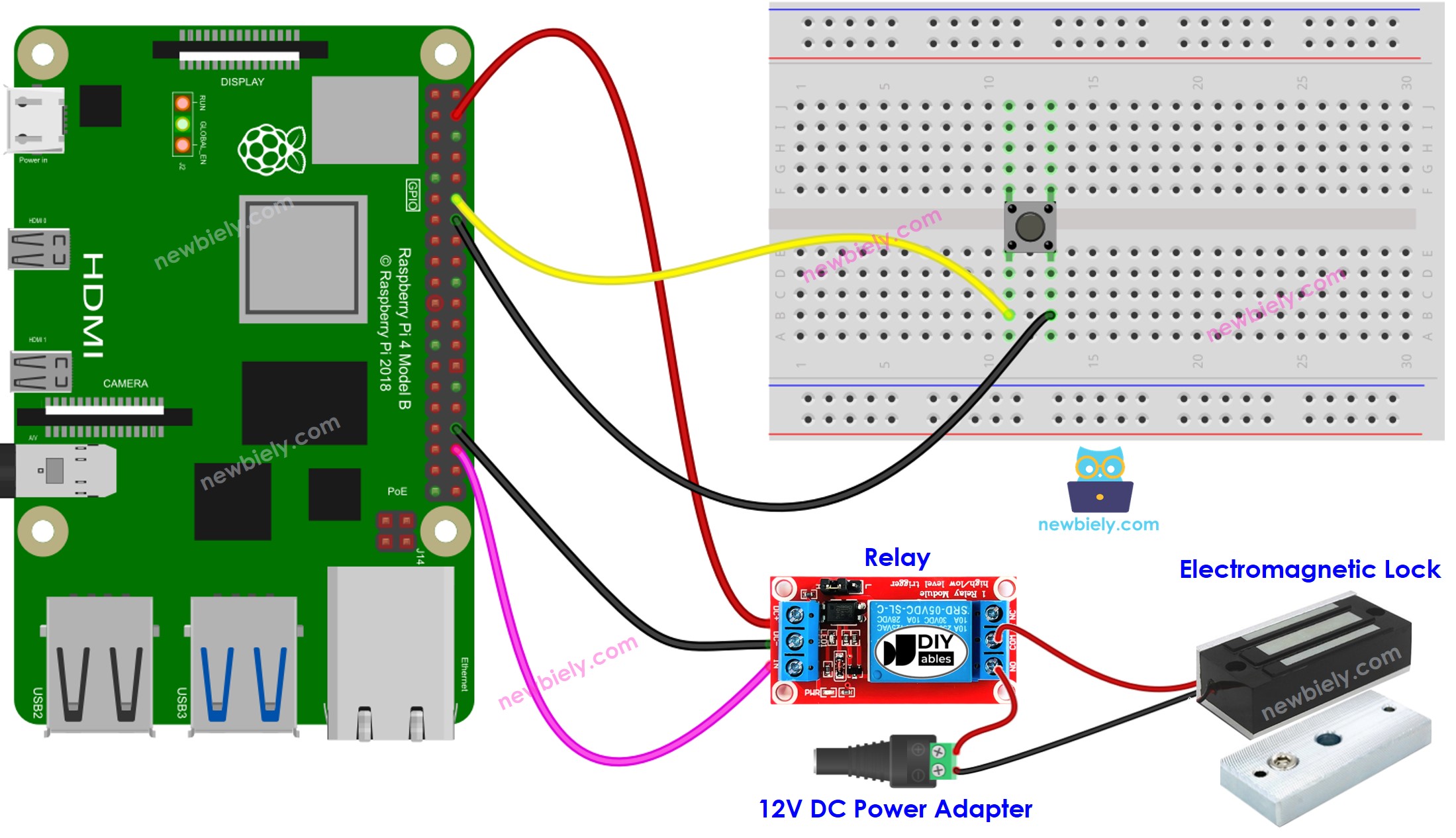 Raspberry Pi Knop Elektromagnetisch Slot bedradingsschema