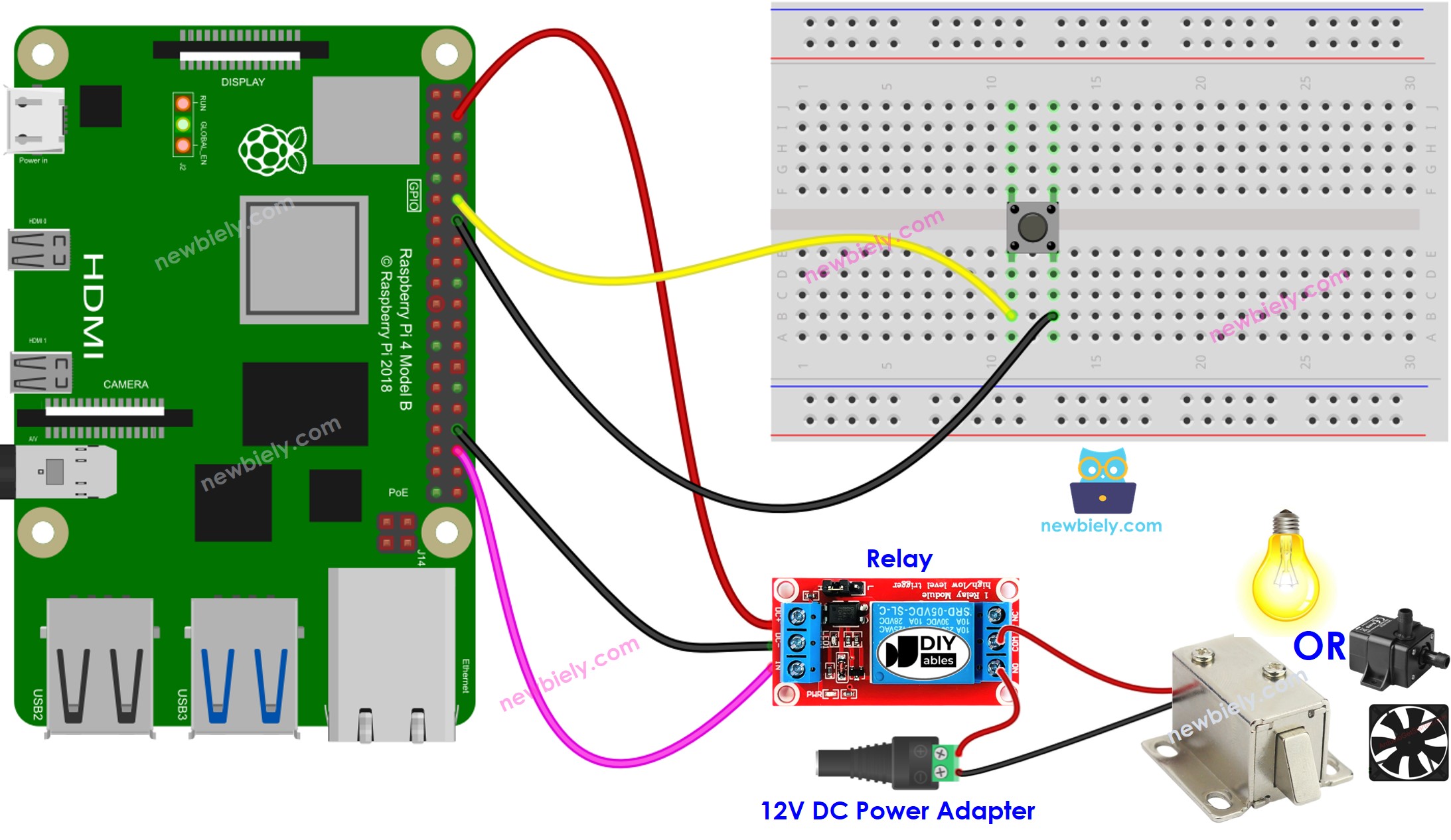 Raspberry Pi Knop relais bedrading schema
