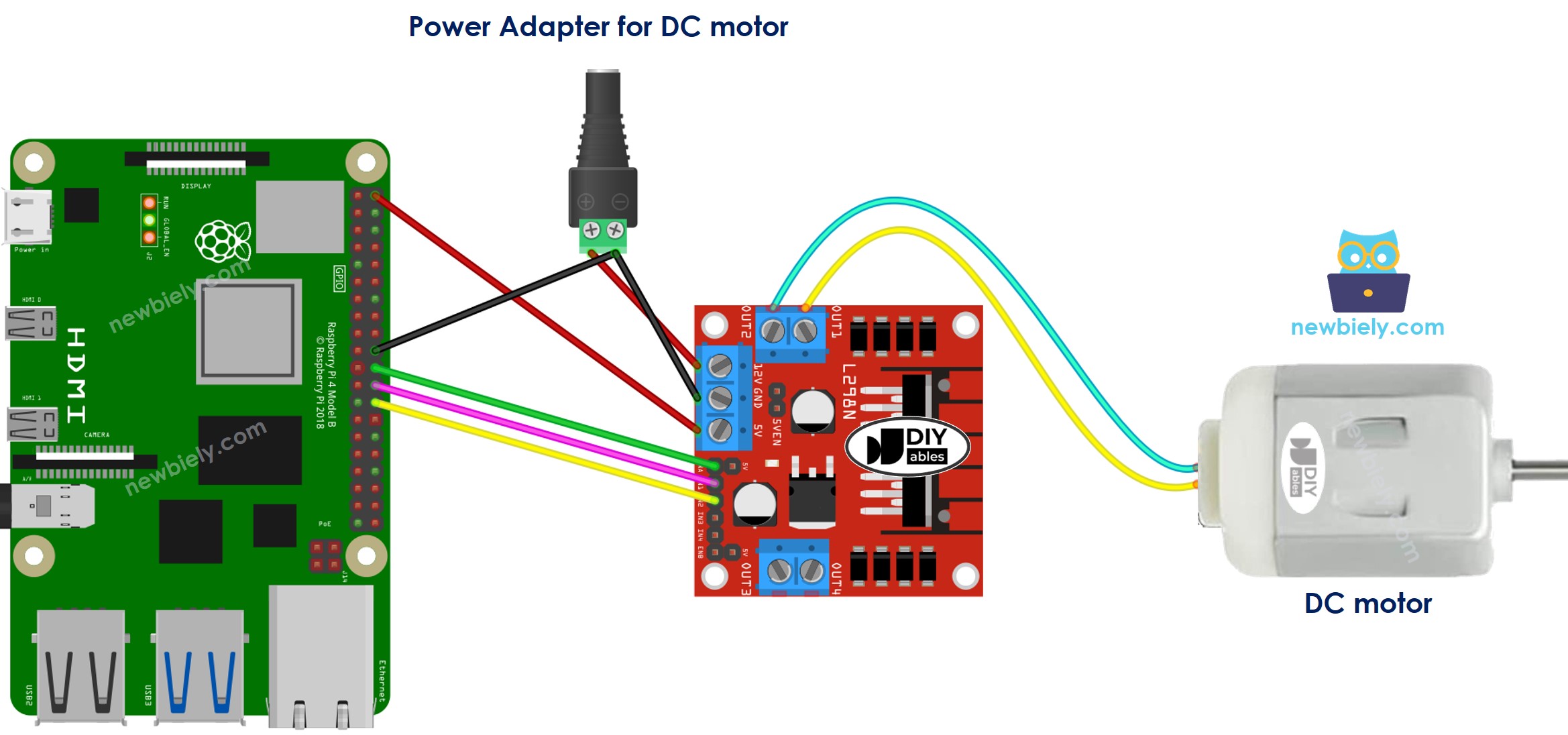 Raspberry Pi DC Motor L298N Driver bedradingsschema