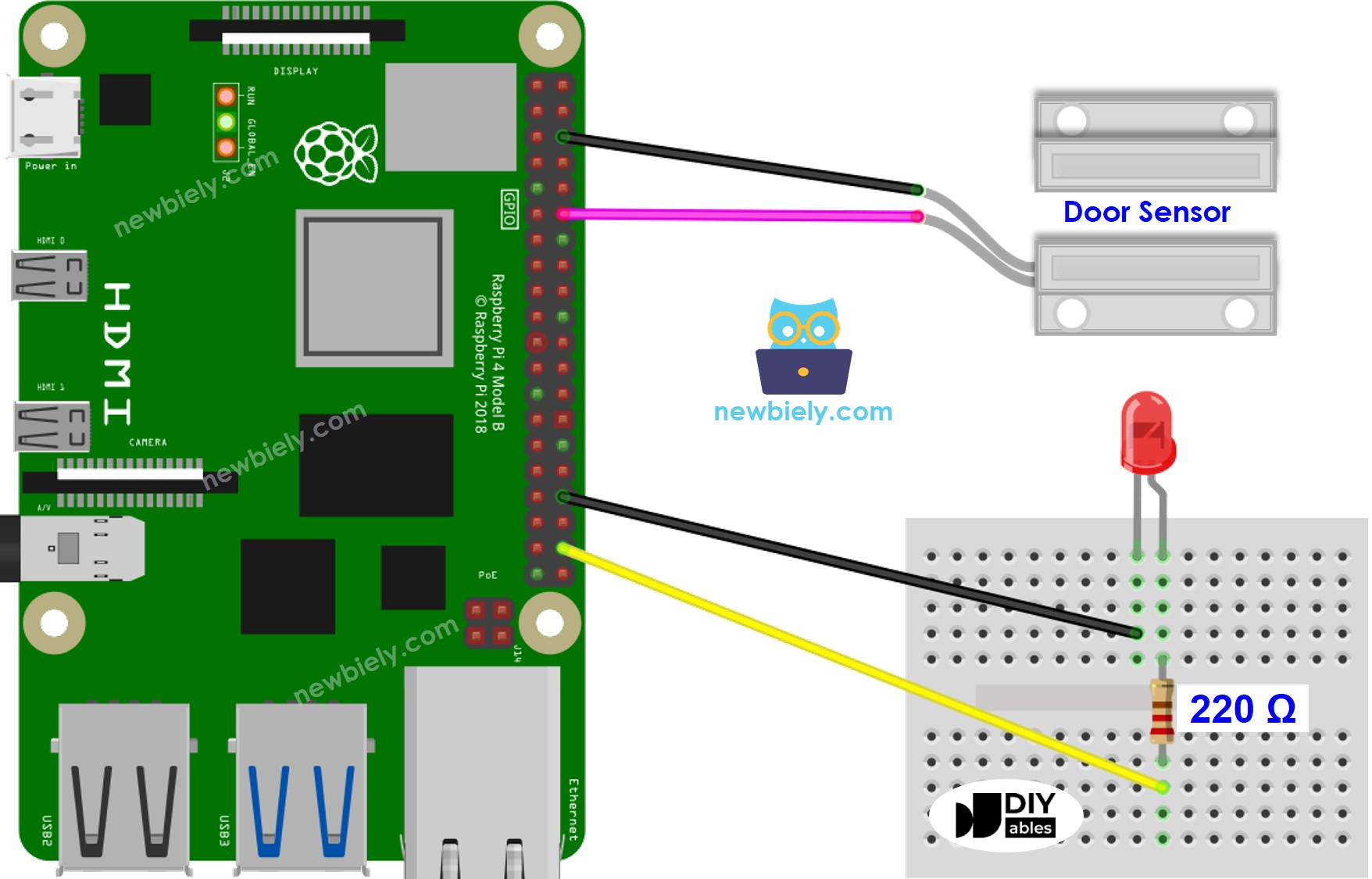 Raspberry Pi Deursensor LED bedradingsschema