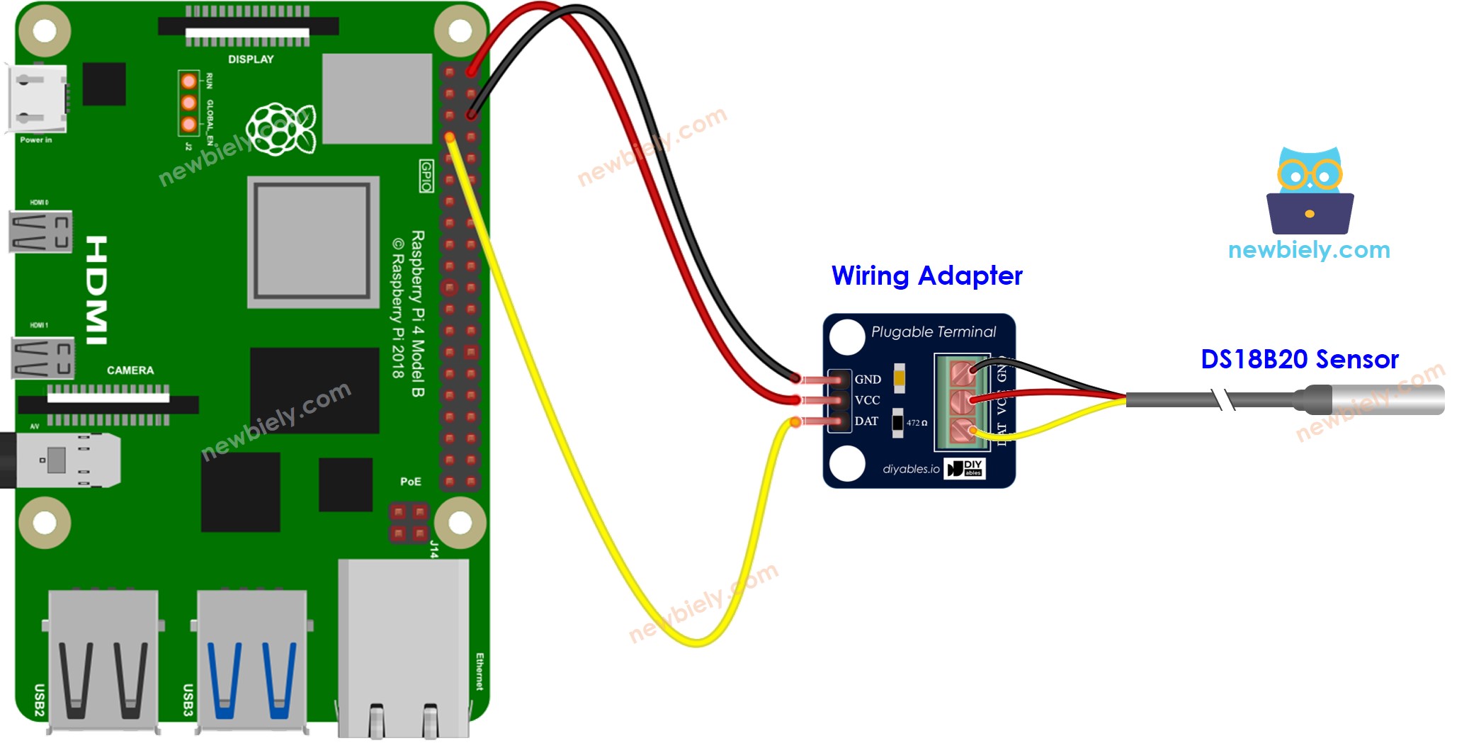 Raspberry Pi DS18B20 bedradingadapter aansluitschema