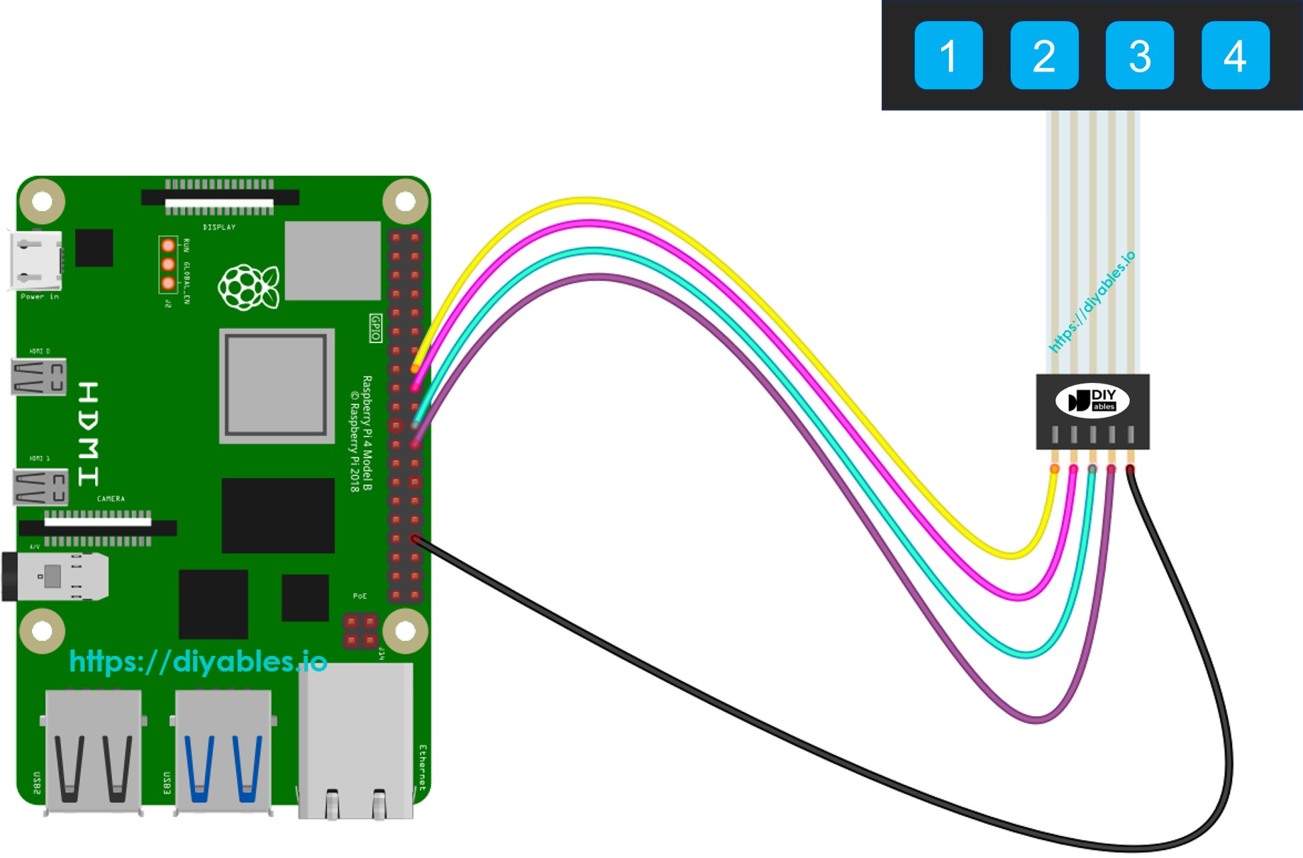 Raspberry Pi Keypad 1x4 Aansluitschema