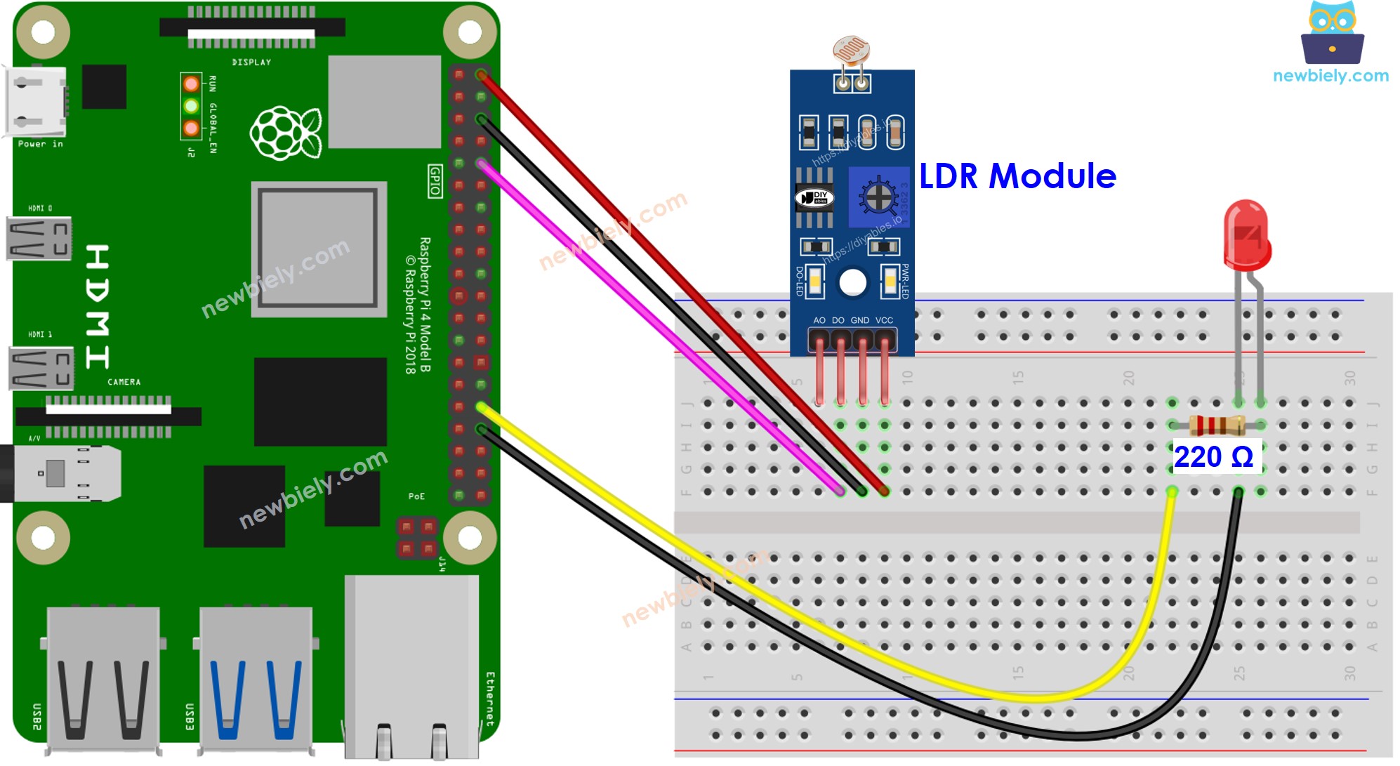 Raspberry Pi Light Sensor LED bedradingsschema