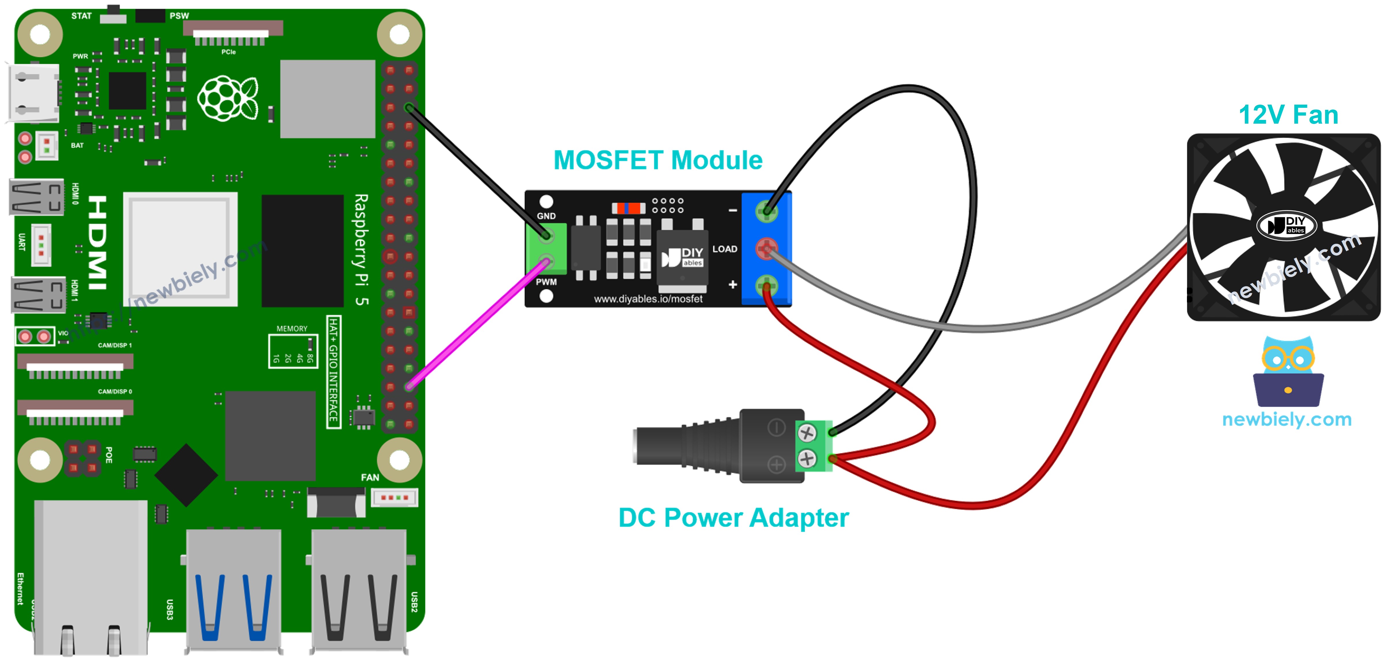 MOSFET-module bedrading voor een 12V ventilator