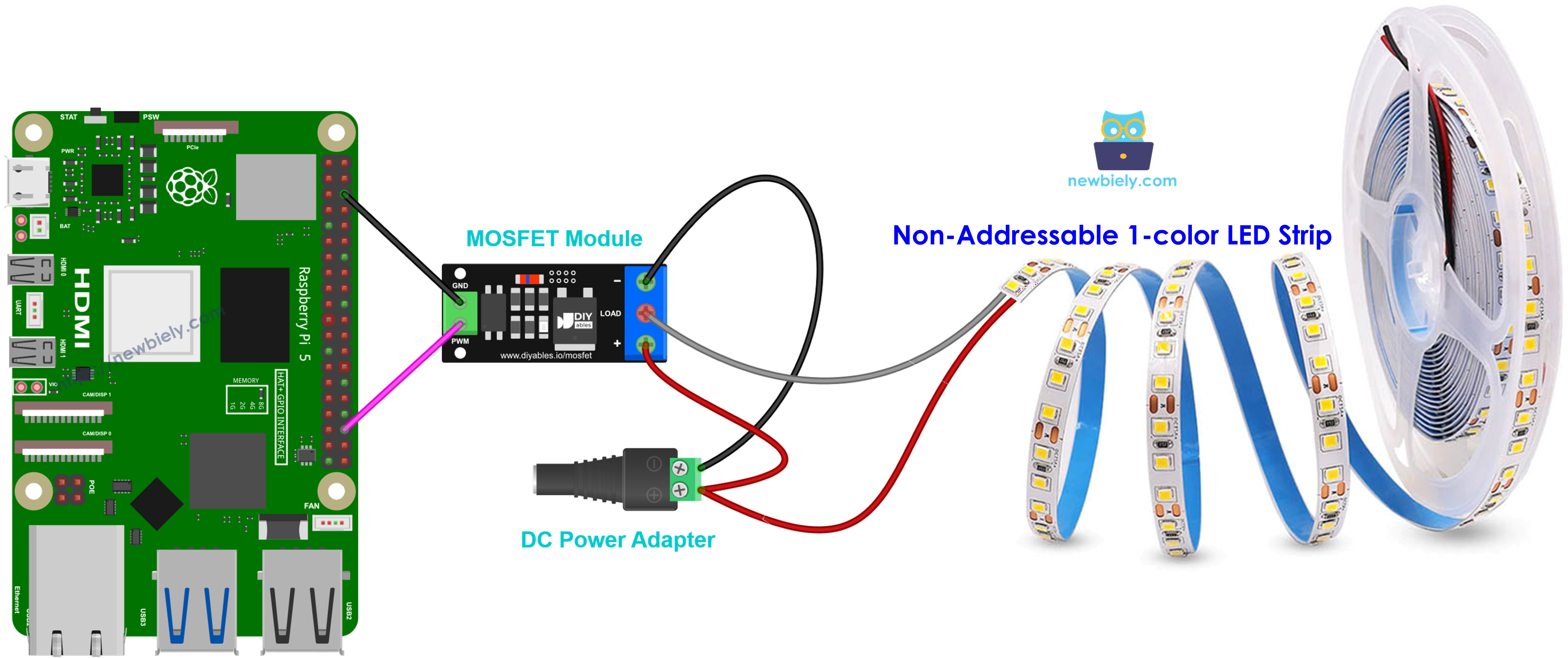 MOSFET-module bedrading voor een 12V ledstrip met een kleur