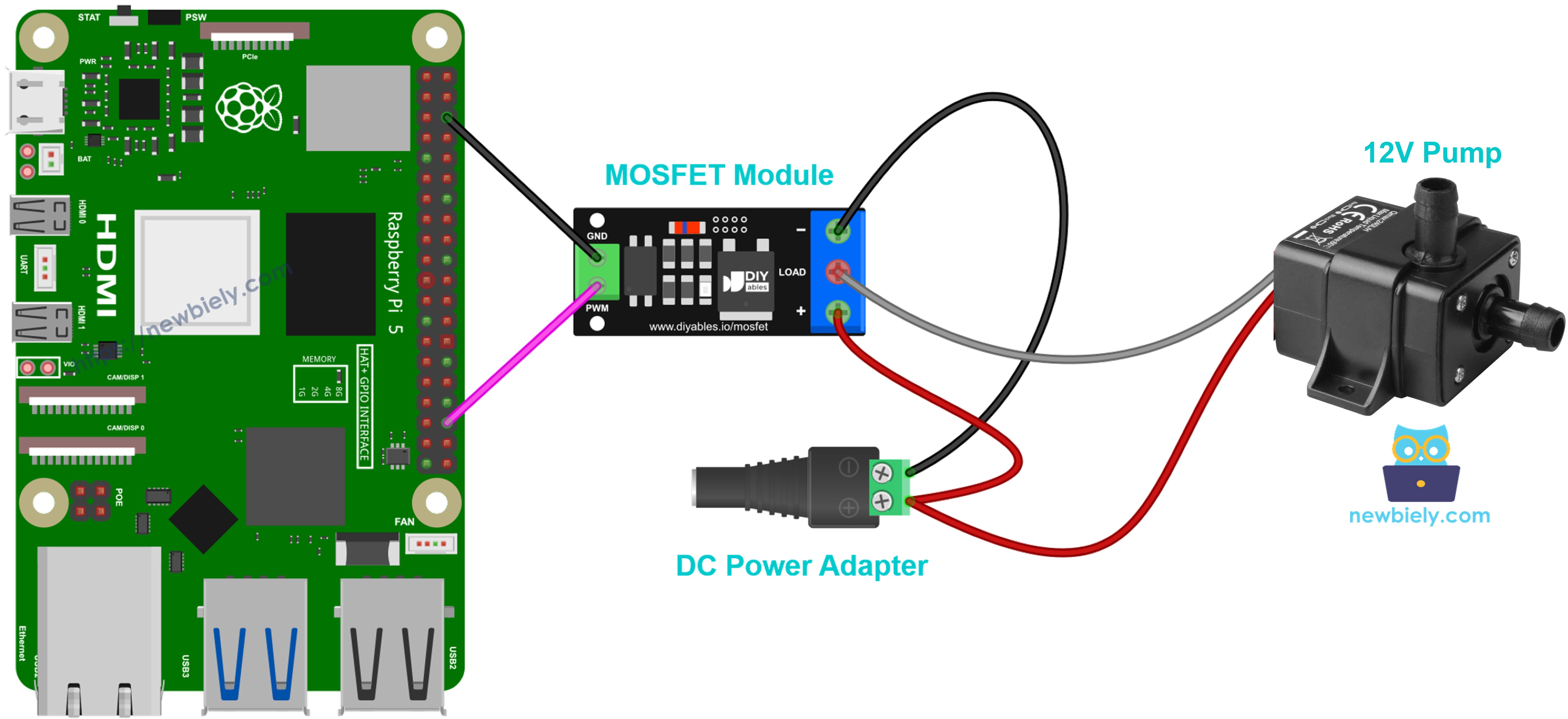 MOSFET-module bedrading voor een 12V waterpomp