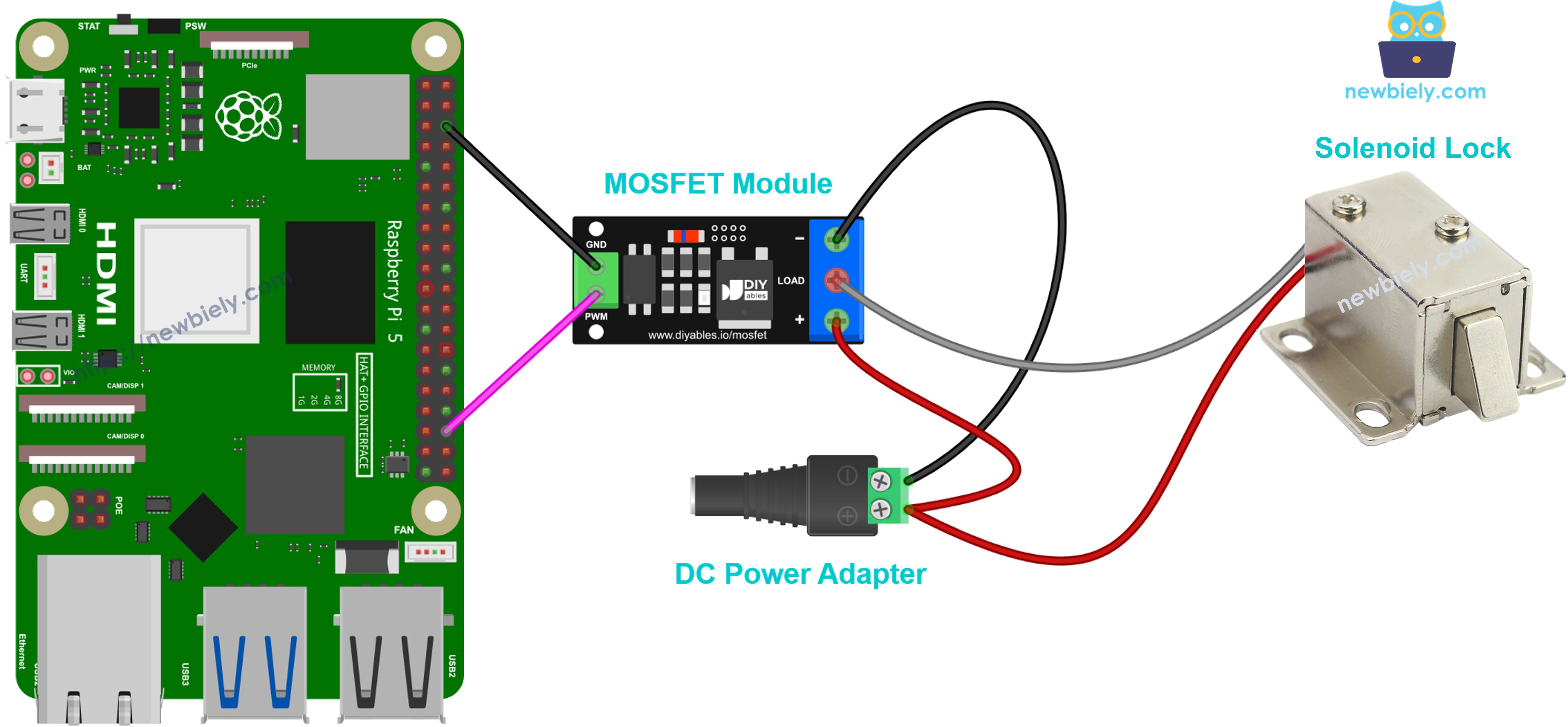 MOSFET-module bedrading voor een 12V solenoïdeslot