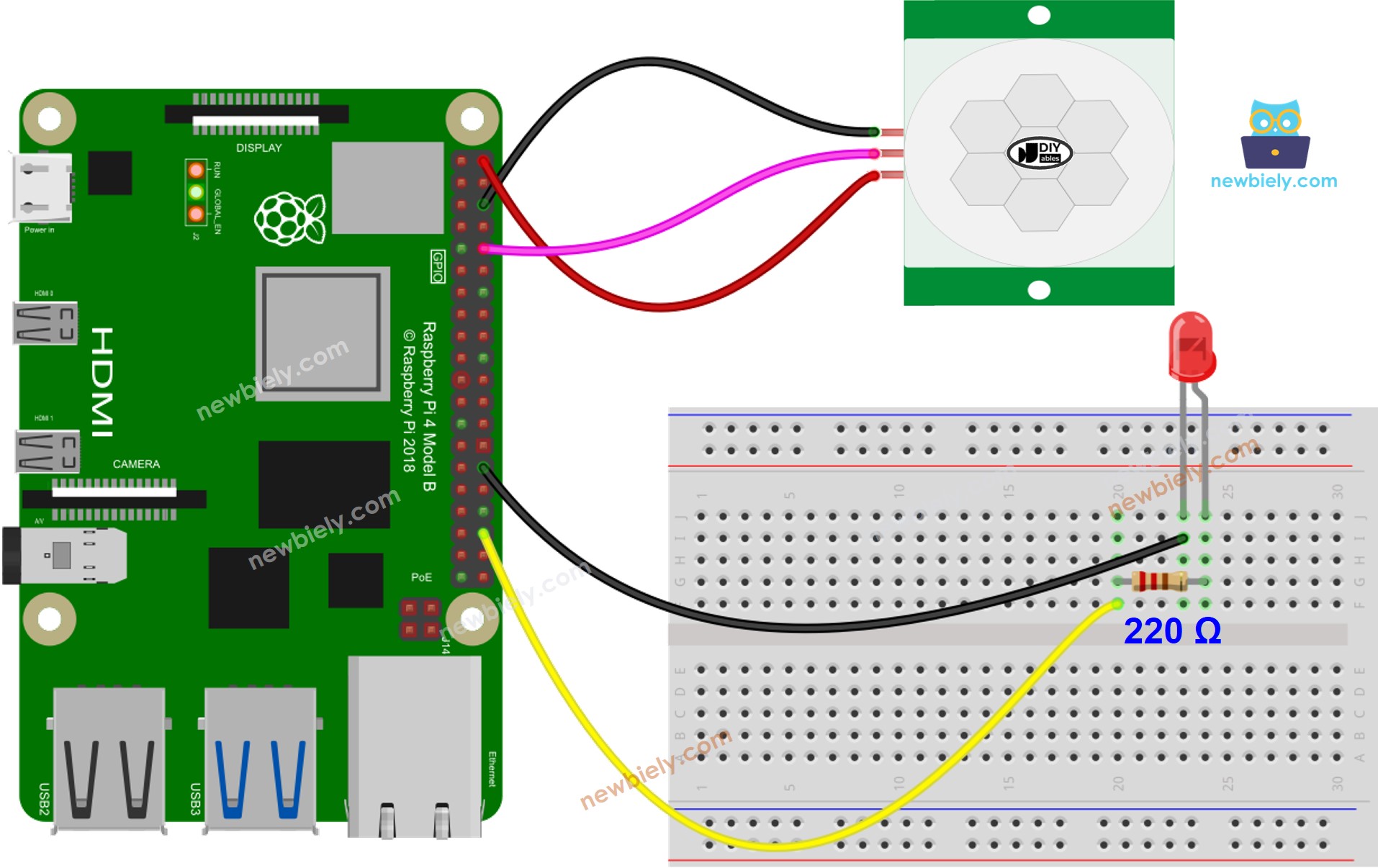 Raspberry Pi Bewegingssensor LED aansluitdiagram