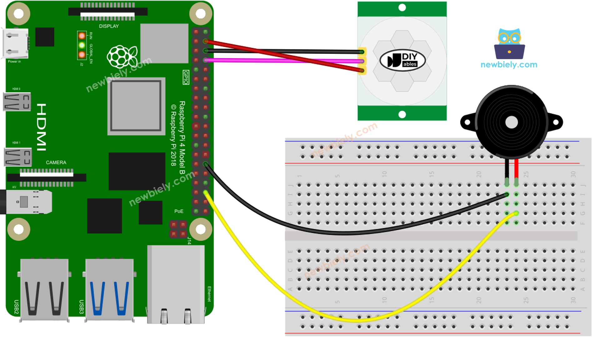 Raspberry Pi Bewegingssensor Piezo Buzzer bedrading schema