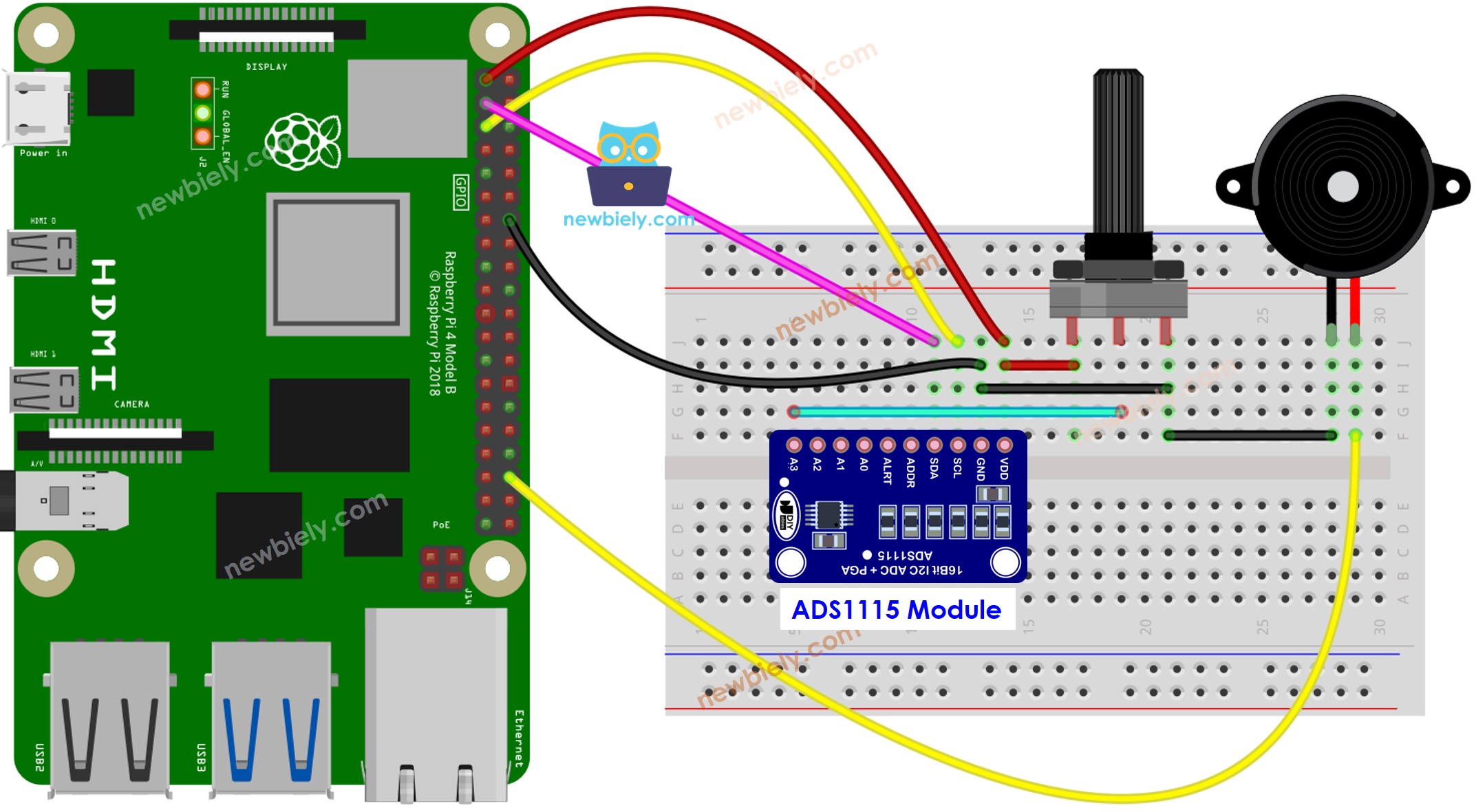 Raspberry Pi Potentiometer Piezo Buzzer bedradingsschema