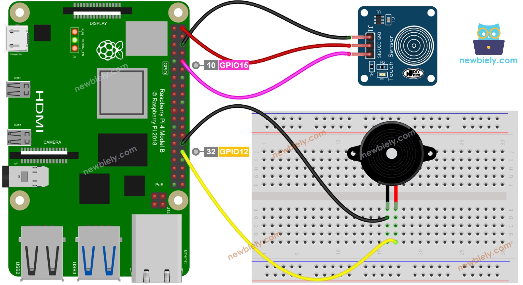Raspberry Pi Touch Sensor Piezo Buzzer bedrading schema