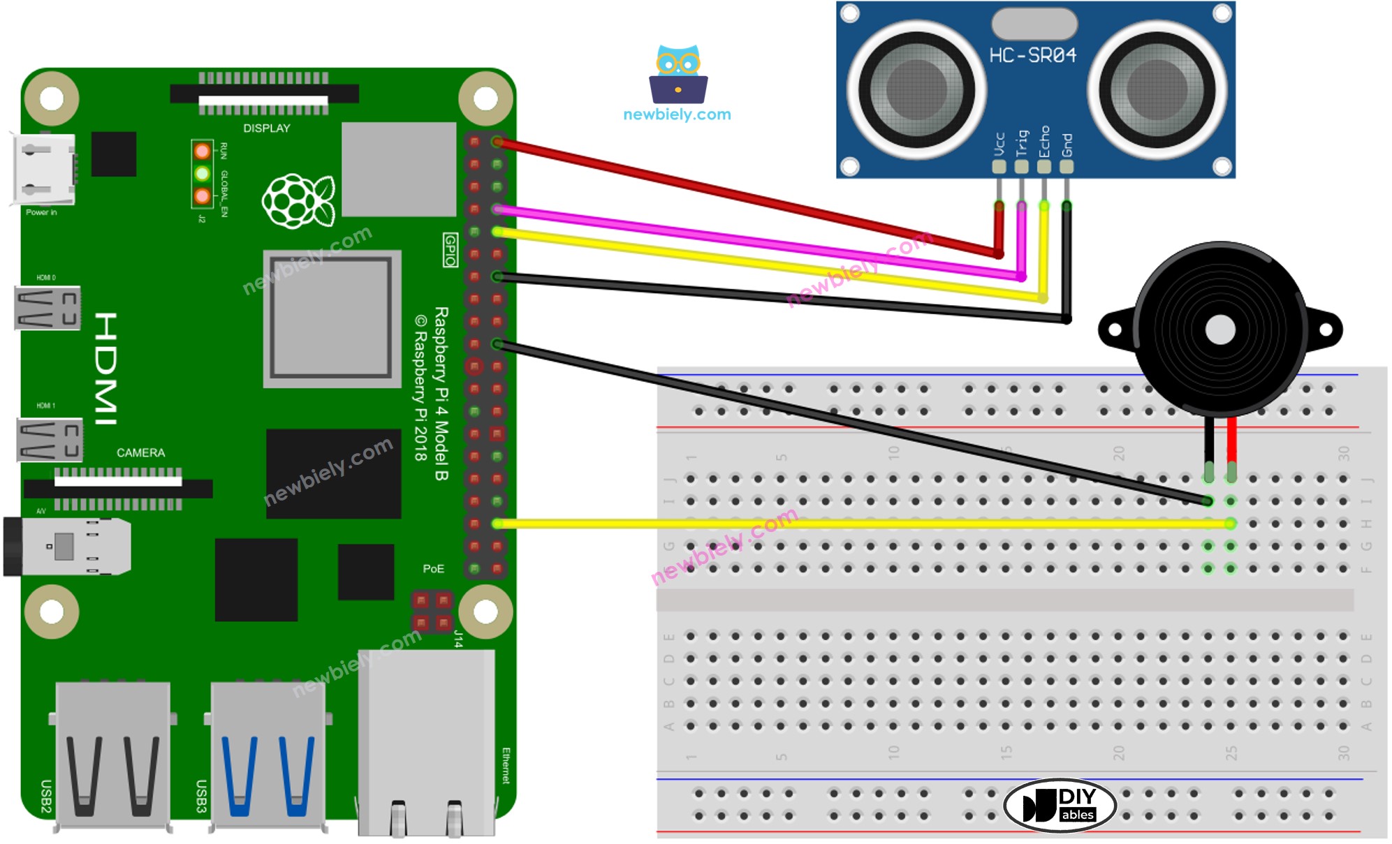 Raspberry Pi Ultrasone Sensor Piezo Buzzer aansluitschema